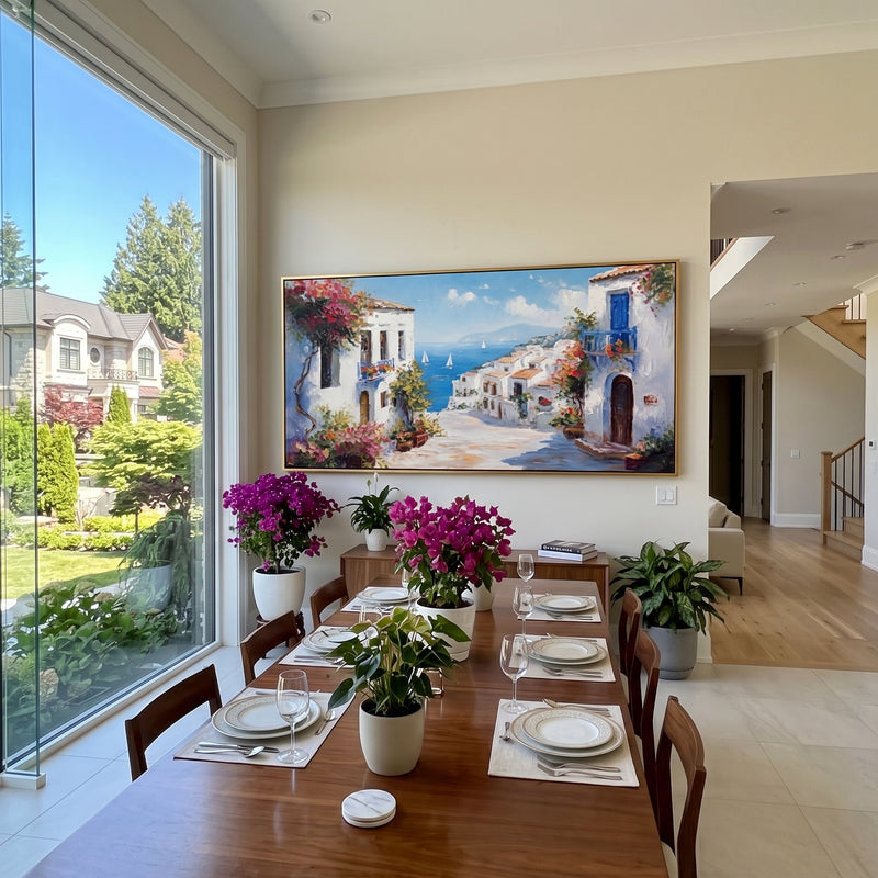 "Seaside Village Harbor Study Painting" - Modern Heavy Impasto Coastal Landscape | Blue & Orange Palette Knife Painting | Luxury Horizontal Wall Art #PT 1616