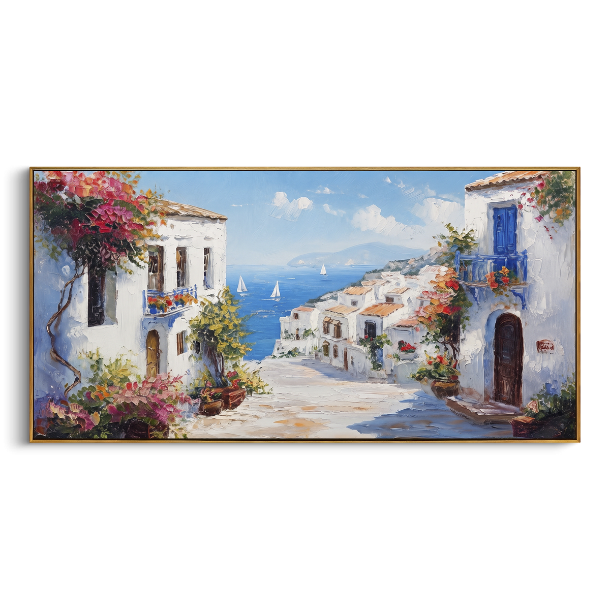 "Seaside Village Harbor Study Painting" - Modern Heavy Impasto Coastal Landscape | Blue & Orange Palette Knife Painting | Luxury Horizontal Wall Art #PT 1616