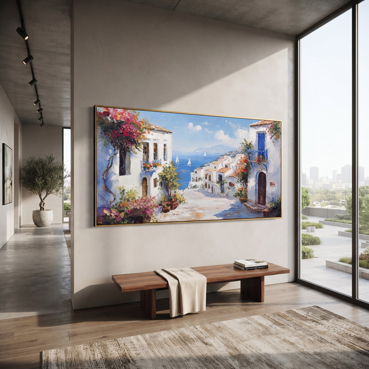 "Seaside Village Harbor Study Painting" focuses on atmosphere, surface movement, and sculptural heavy impasto craftsmanship rather than a fixed literal storyline. The composition uses this hand-painted Mediterranean canvas features colorful waterfront houses, moored boats, shimmering blue harbor reflections, pastel sky, built with raised palette-knife texture, layered brushwork, and luminous coastal color as the visual anchor, while layered palette-knife paint, raised plaster-like texture, and