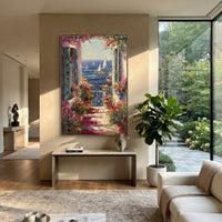 "Open Window Coastal Painting" focuses on atmosphere, surface movement, and sculptural heavy impasto craftsmanship rather than a fixed literal storyline. The composition uses this hand-painted Mediterranean canvas features open blue shutters, lemon branches, calm sea view, bright white wall and terrace light, built with raised palette-knife texture, layered brushwork, and luminous coastal color as the visual anchor, while layered palette-knife paint, raised plaster-like texture, and softened