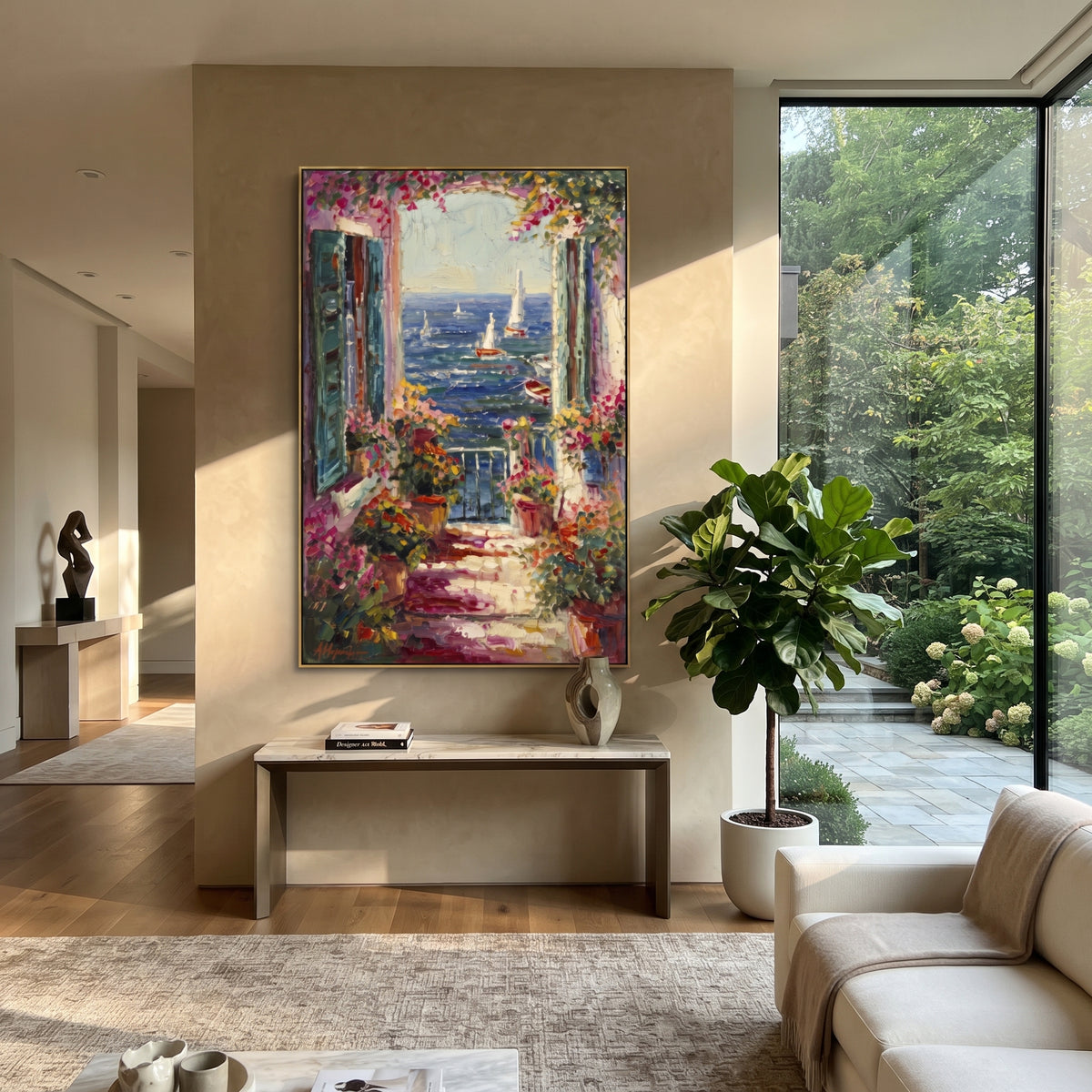 "Open Window Coastal Painting" focuses on atmosphere, surface movement, and sculptural heavy impasto craftsmanship rather than a fixed literal storyline. The composition uses this hand-painted Mediterranean canvas features open blue shutters, lemon branches, calm sea view, bright white wall and terrace light, built with raised palette-knife texture, layered brushwork, and luminous coastal color as the visual anchor, while layered palette-knife paint, raised plaster-like texture, and softened