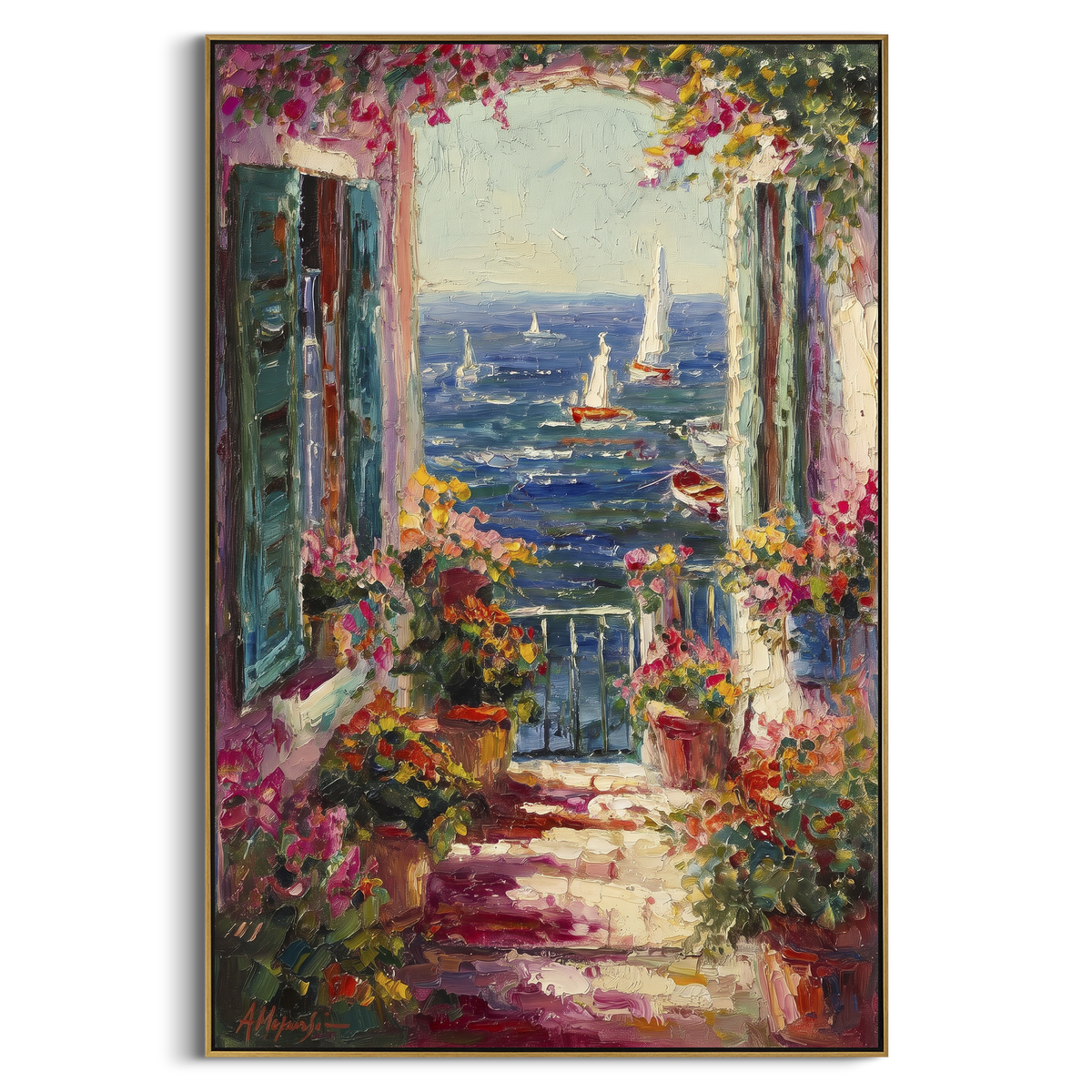 "Open Window Coastal Painting" - Modern Heavy Impasto Coastal Landscape | Blue & Yellow Palette Knife Painting | Luxury Vertical Wall Art #PT 1617