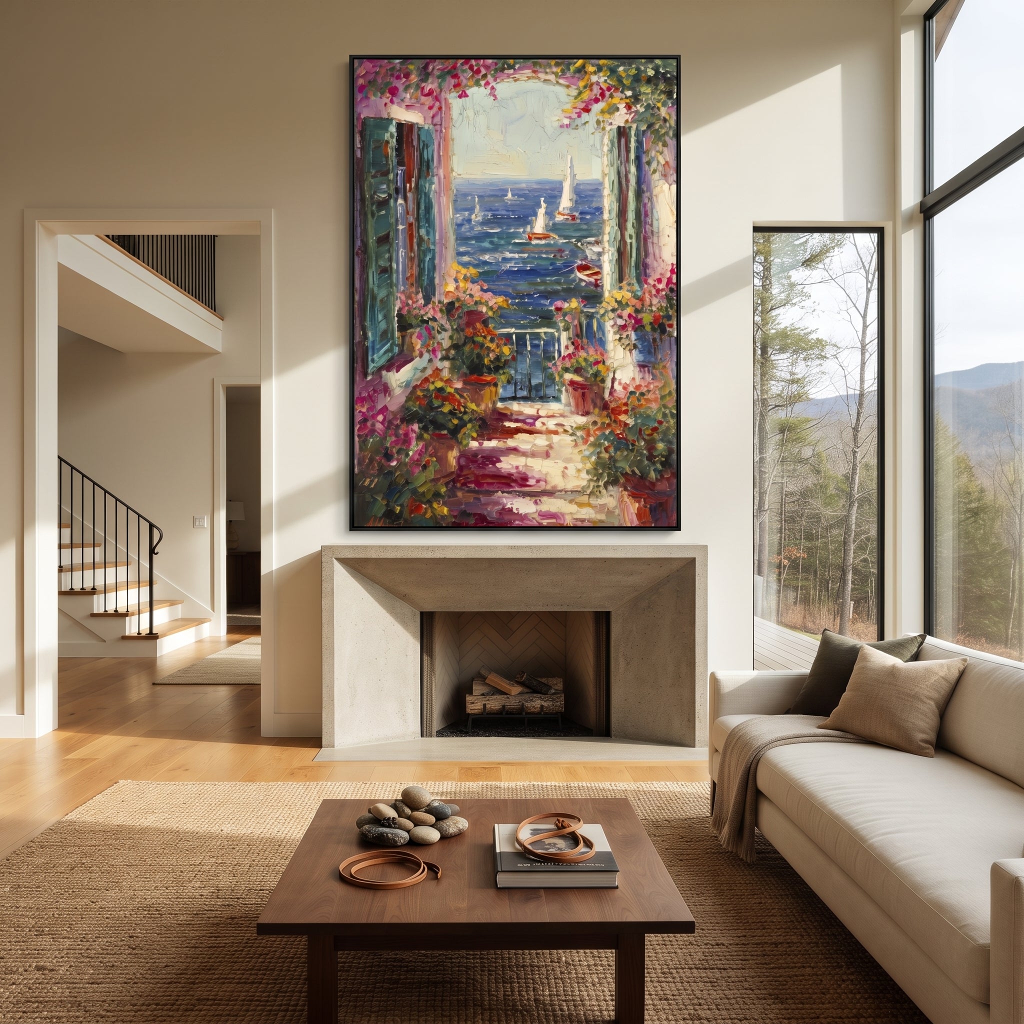 "Open Window Coastal Painting" focuses on atmosphere, surface movement, and sculptural heavy impasto craftsmanship rather than a fixed literal storyline. The composition uses this hand-painted Mediterranean canvas features open blue shutters, lemon branches, calm sea view, bright white wall and terrace light, built with raised palette-knife texture, layered brushwork, and luminous coastal color as the visual anchor, while layered palette-knife paint, raised plaster-like texture, and softened