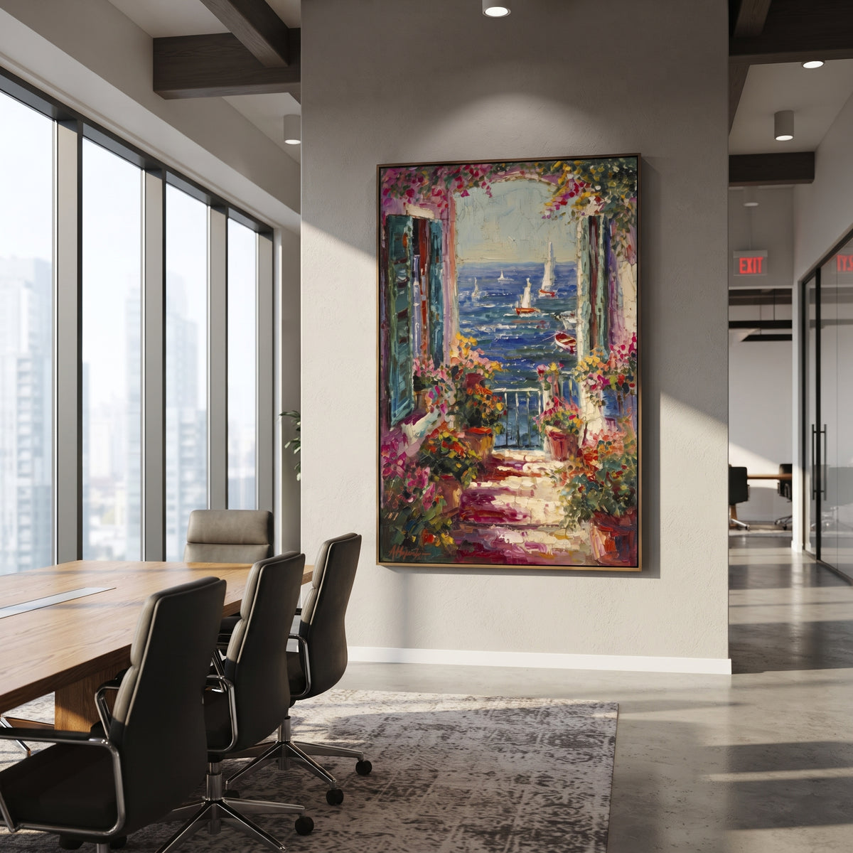 "Open Window Coastal Painting" focuses on atmosphere, surface movement, and sculptural heavy impasto craftsmanship rather than a fixed literal storyline. The composition uses this hand-painted Mediterranean canvas features open blue shutters, lemon branches, calm sea view, bright white wall and terrace light, built with raised palette-knife texture, layered brushwork, and luminous coastal color as the visual anchor, while layered palette-knife paint, raised plaster-like texture, and softened