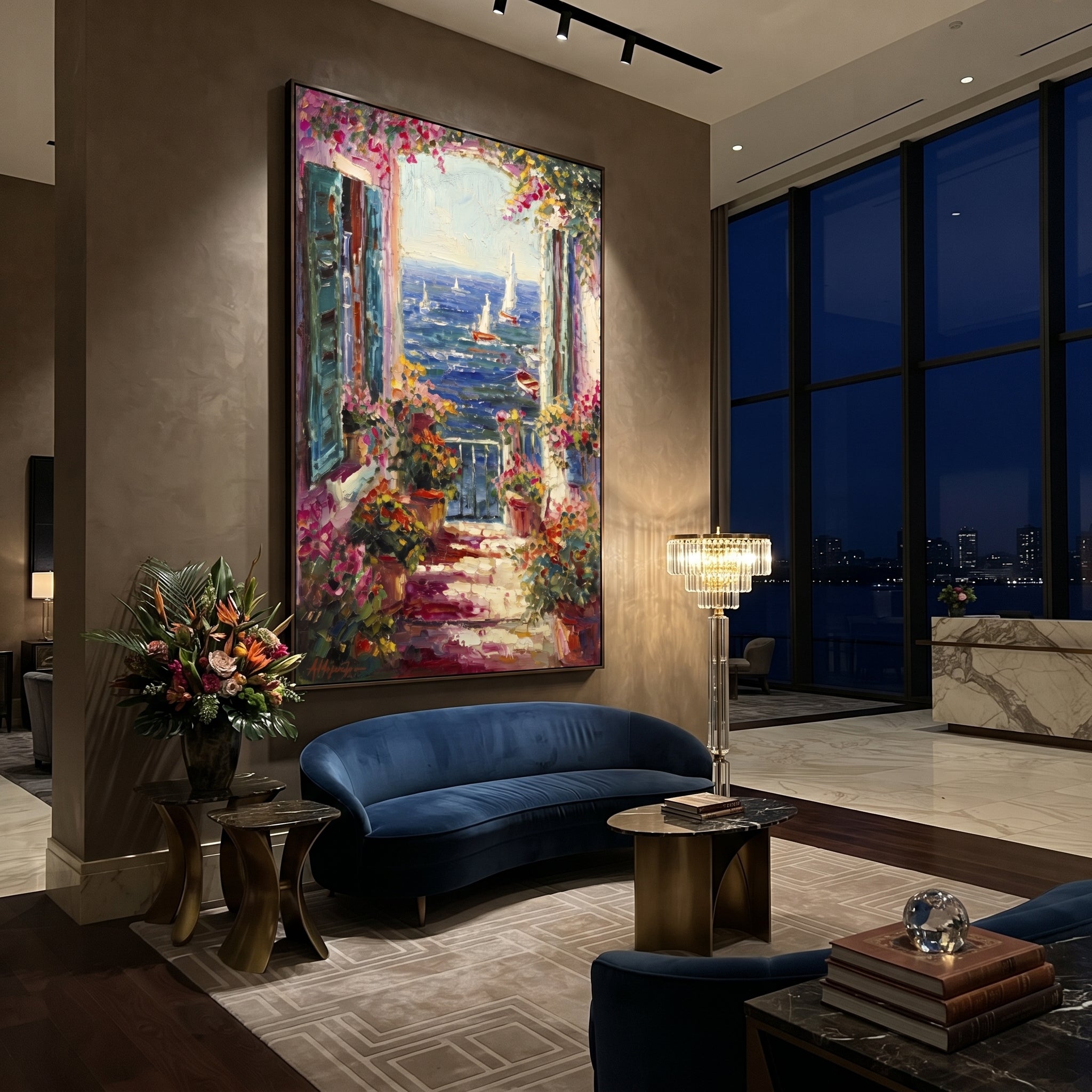 "Open Window Coastal Painting" focuses on atmosphere, surface movement, and sculptural heavy impasto craftsmanship rather than a fixed literal storyline. The composition uses this hand-painted Mediterranean canvas features open blue shutters, lemon branches, calm sea view, bright white wall and terrace light, built with raised palette-knife texture, layered brushwork, and luminous coastal color as the visual anchor, while layered palette-knife paint, raised plaster-like texture, and softened