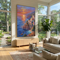 "Sunset Harbor Steps Painting" focuses on atmosphere, surface movement, and sculptural heavy impasto craftsmanship rather than a fixed literal storyline. The composition uses this hand-painted Mediterranean canvas features warm sunset over the coast, stone steps, boats, cliff village and orange light, built with raised palette-knife texture, layered brushwork, and luminous coastal color as the visual anchor, while layered palette-knife paint, raised plaster-like texture, and softened brush