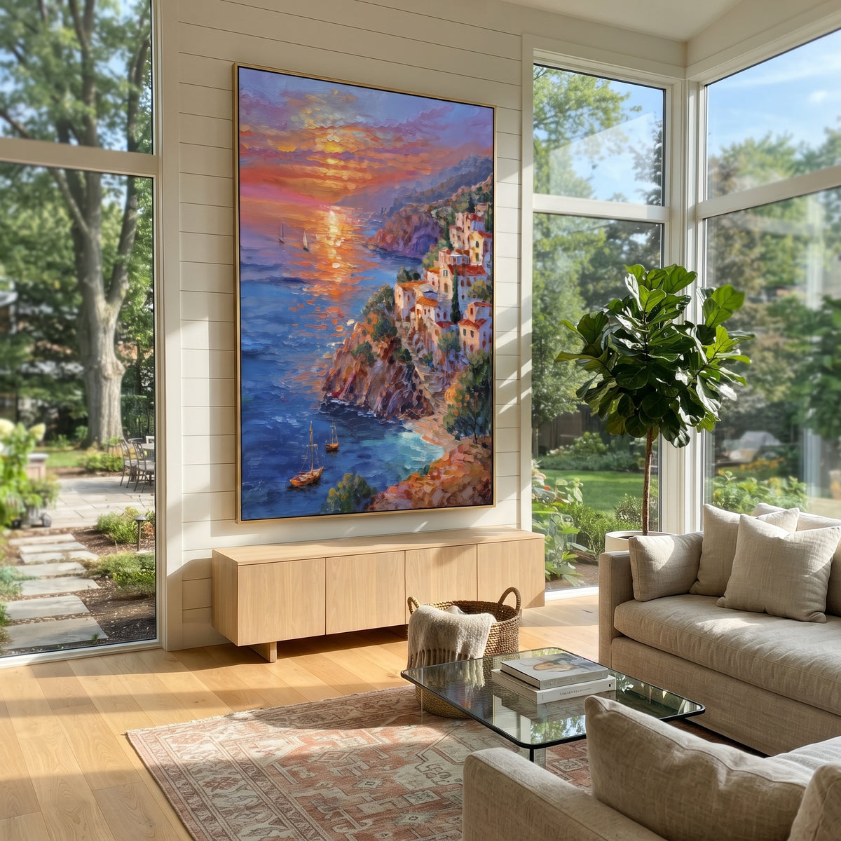 "Sunset Harbor Steps Painting" focuses on atmosphere, surface movement, and sculptural heavy impasto craftsmanship rather than a fixed literal storyline. The composition uses this hand-painted Mediterranean canvas features warm sunset over the coast, stone steps, boats, cliff village and orange light, built with raised palette-knife texture, layered brushwork, and luminous coastal color as the visual anchor, while layered palette-knife paint, raised plaster-like texture, and softened brush