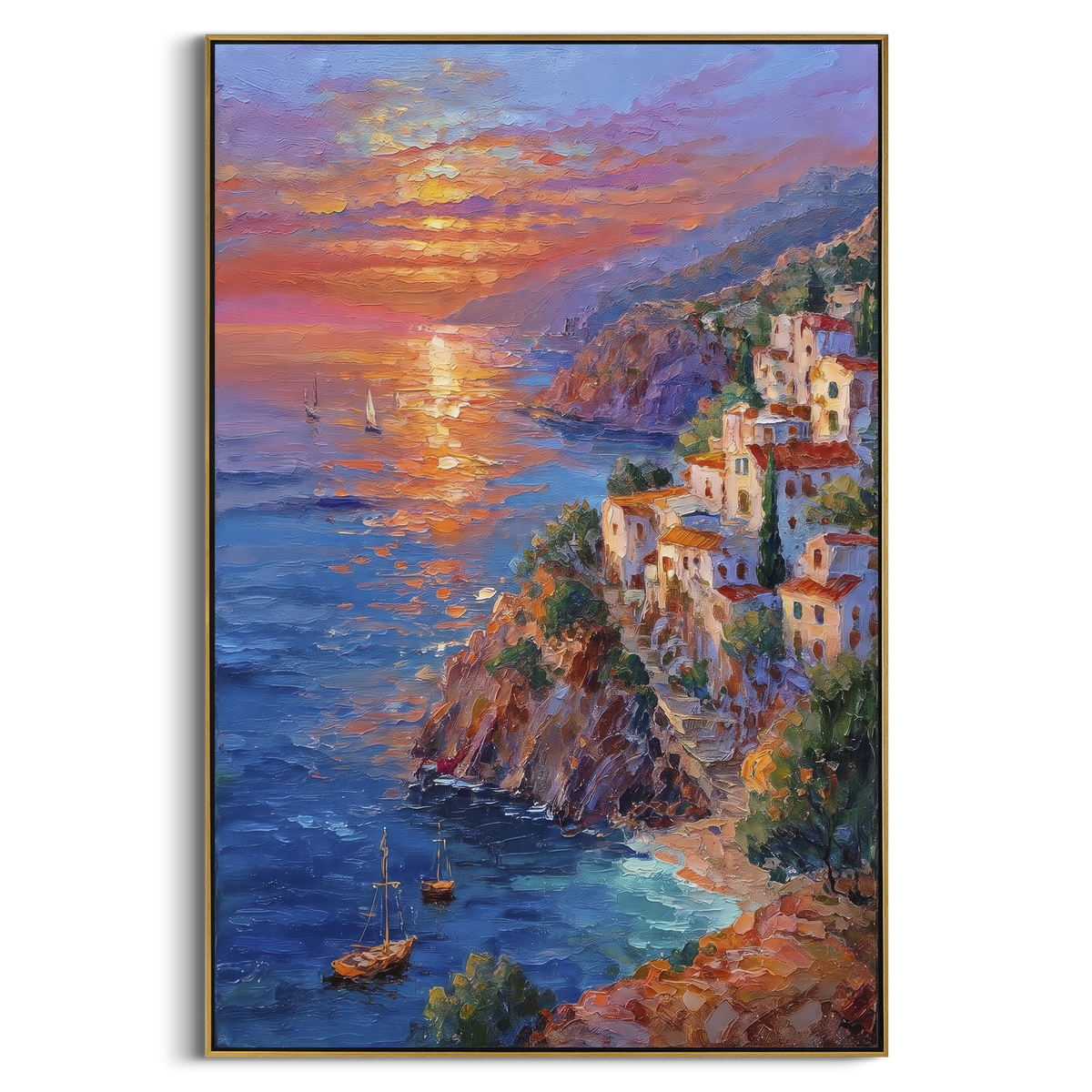 "Sunset Harbor Steps Painting" - Modern Heavy Impasto Coastal Landscape | Orange & Blue Palette Knife Painting | Luxury Vertical Wall Art #PT 1618