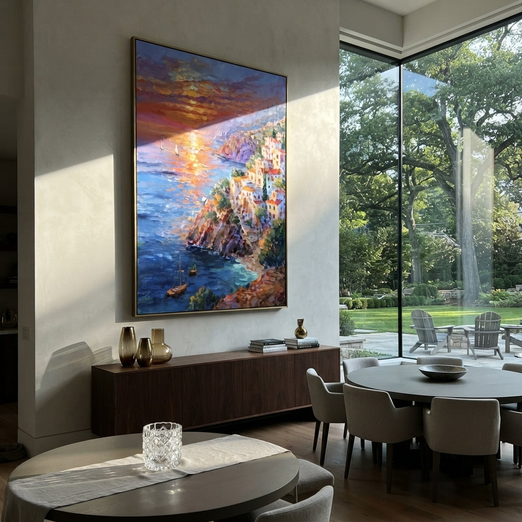 "Sunset Harbor Steps Painting" focuses on atmosphere, surface movement, and sculptural heavy impasto craftsmanship rather than a fixed literal storyline. The composition uses this hand-painted Mediterranean canvas features warm sunset over the coast, stone steps, boats, cliff village and orange light, built with raised palette-knife texture, layered brushwork, and luminous coastal color as the visual anchor, while layered palette-knife paint, raised plaster-like texture, and softened brush