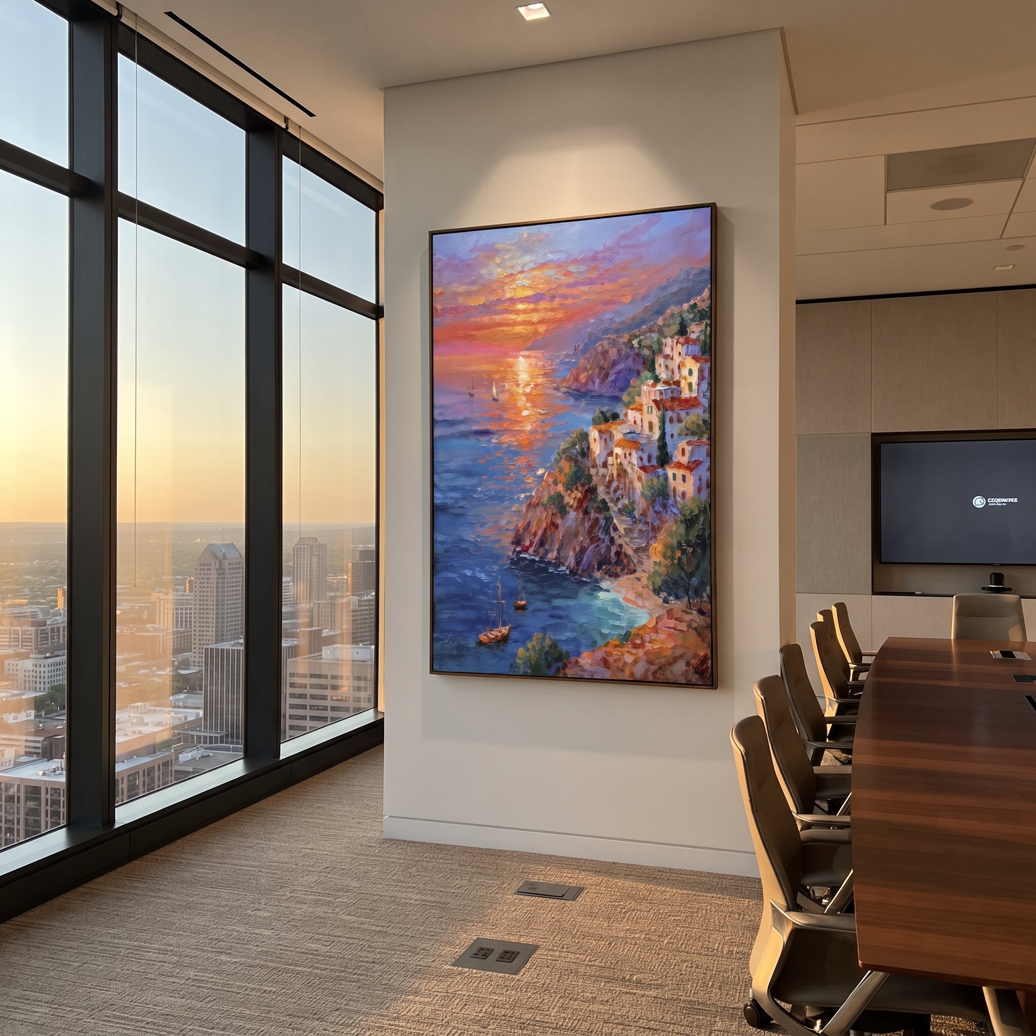 "Sunset Harbor Steps Painting" focuses on atmosphere, surface movement, and sculptural heavy impasto craftsmanship rather than a fixed literal storyline. The composition uses this hand-painted Mediterranean canvas features warm sunset over the coast, stone steps, boats, cliff village and orange light, built with raised palette-knife texture, layered brushwork, and luminous coastal color as the visual anchor, while layered palette-knife paint, raised plaster-like texture, and softened brush