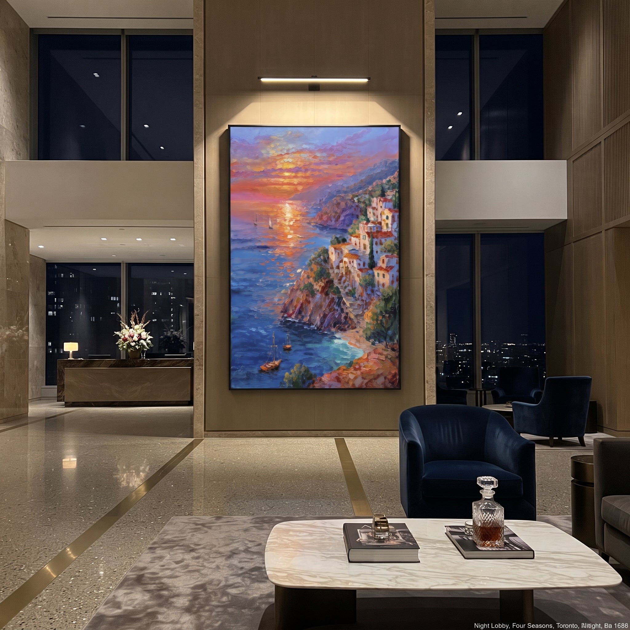 "Sunset Harbor Steps Painting" focuses on atmosphere, surface movement, and sculptural heavy impasto craftsmanship rather than a fixed literal storyline. The composition uses this hand-painted Mediterranean canvas features warm sunset over the coast, stone steps, boats, cliff village and orange light, built with raised palette-knife texture, layered brushwork, and luminous coastal color as the visual anchor, while layered palette-knife paint, raised plaster-like texture, and softened brush