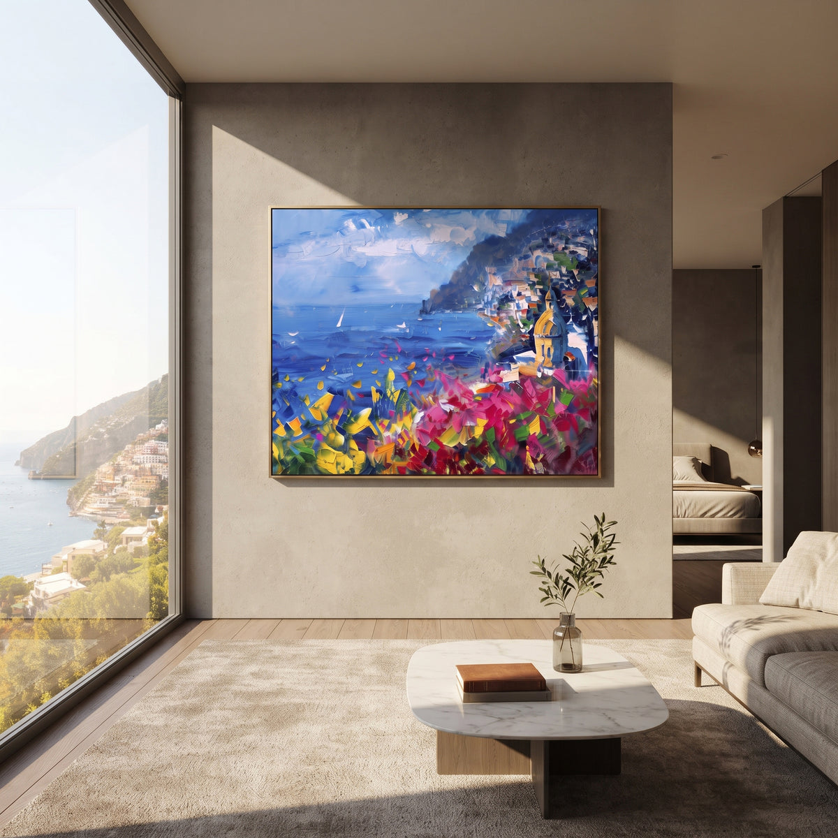 "Mediterranean Cliff View Painting" focuses on atmosphere, surface movement, and sculptural heavy impasto craftsmanship rather than a fixed literal storyline. The composition uses this hand-painted Mediterranean canvas features steep coastal cliffs, hillside village, deep blue water, floral foreground, textured sky, built with raised palette-knife texture, layered brushwork, and luminous coastal color as the visual anchor, while layered palette-knife paint, raised plaster-like texture, and