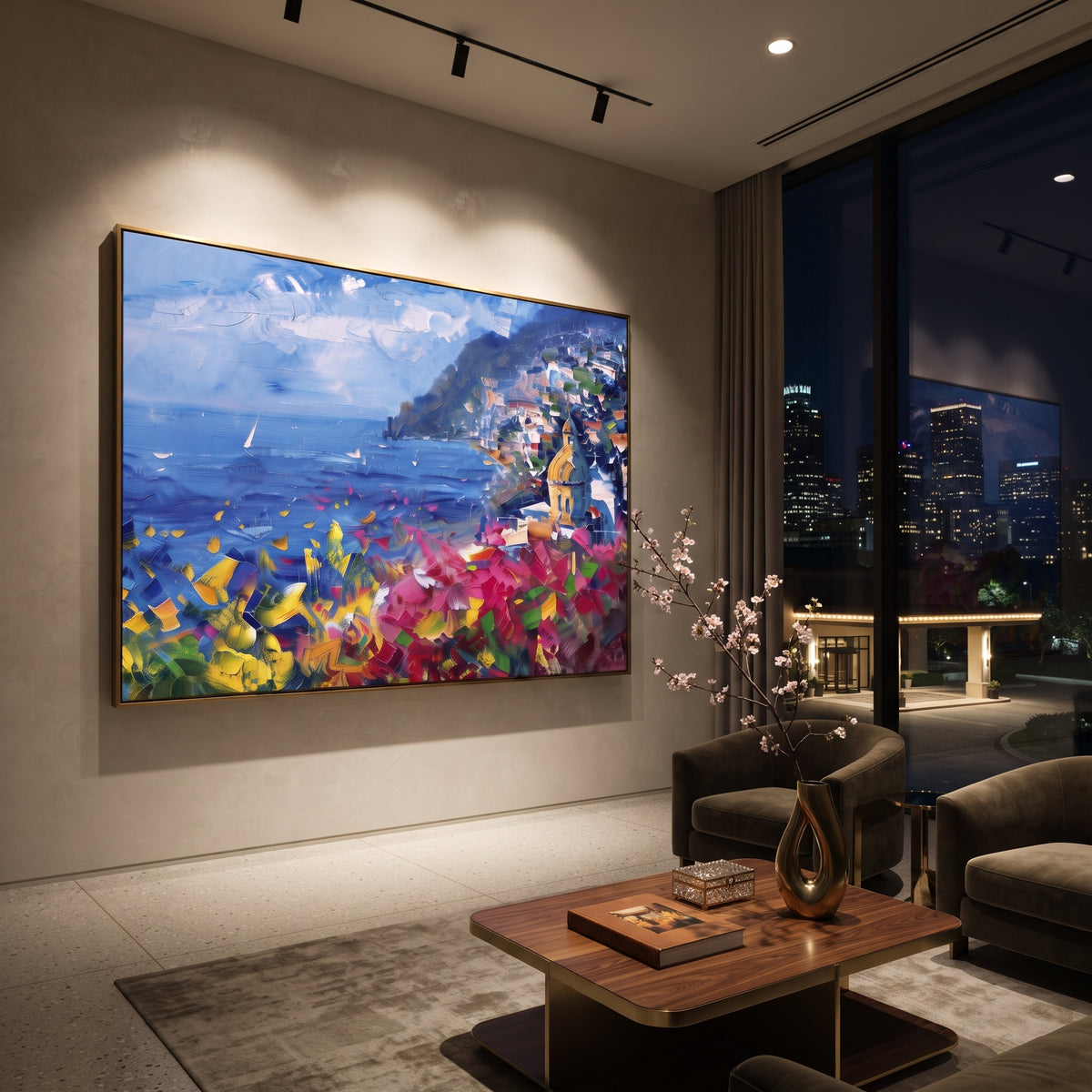 "Mediterranean Cliff View Painting" focuses on atmosphere, surface movement, and sculptural heavy impasto craftsmanship rather than a fixed literal storyline. The composition uses this hand-painted Mediterranean canvas features steep coastal cliffs, hillside village, deep blue water, floral foreground, textured sky, built with raised palette-knife texture, layered brushwork, and luminous coastal color as the visual anchor, while layered palette-knife paint, raised plaster-like texture, and