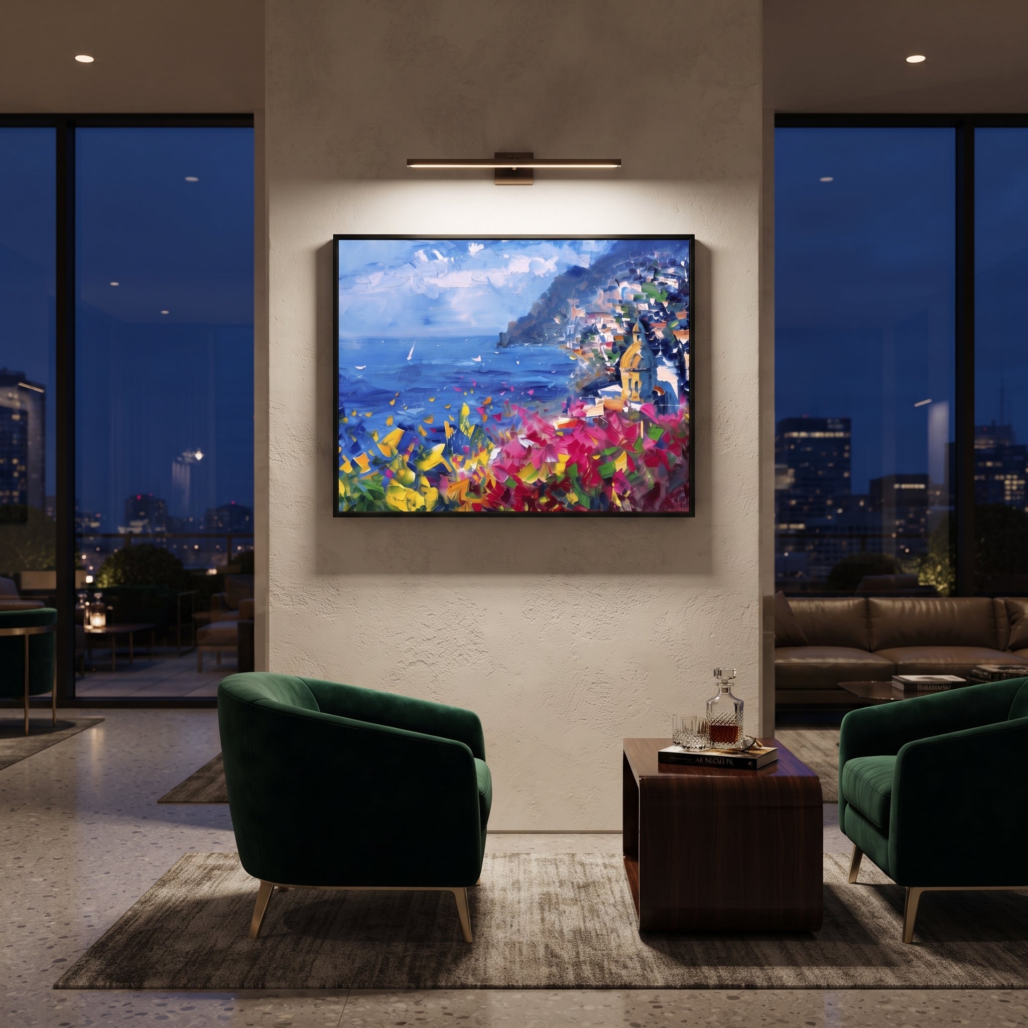 "Mediterranean Cliff View Painting" focuses on atmosphere, surface movement, and sculptural heavy impasto craftsmanship rather than a fixed literal storyline. The composition uses this hand-painted Mediterranean canvas features steep coastal cliffs, hillside village, deep blue water, floral foreground, textured sky, built with raised palette-knife texture, layered brushwork, and luminous coastal color as the visual anchor, while layered palette-knife paint, raised plaster-like texture, and
