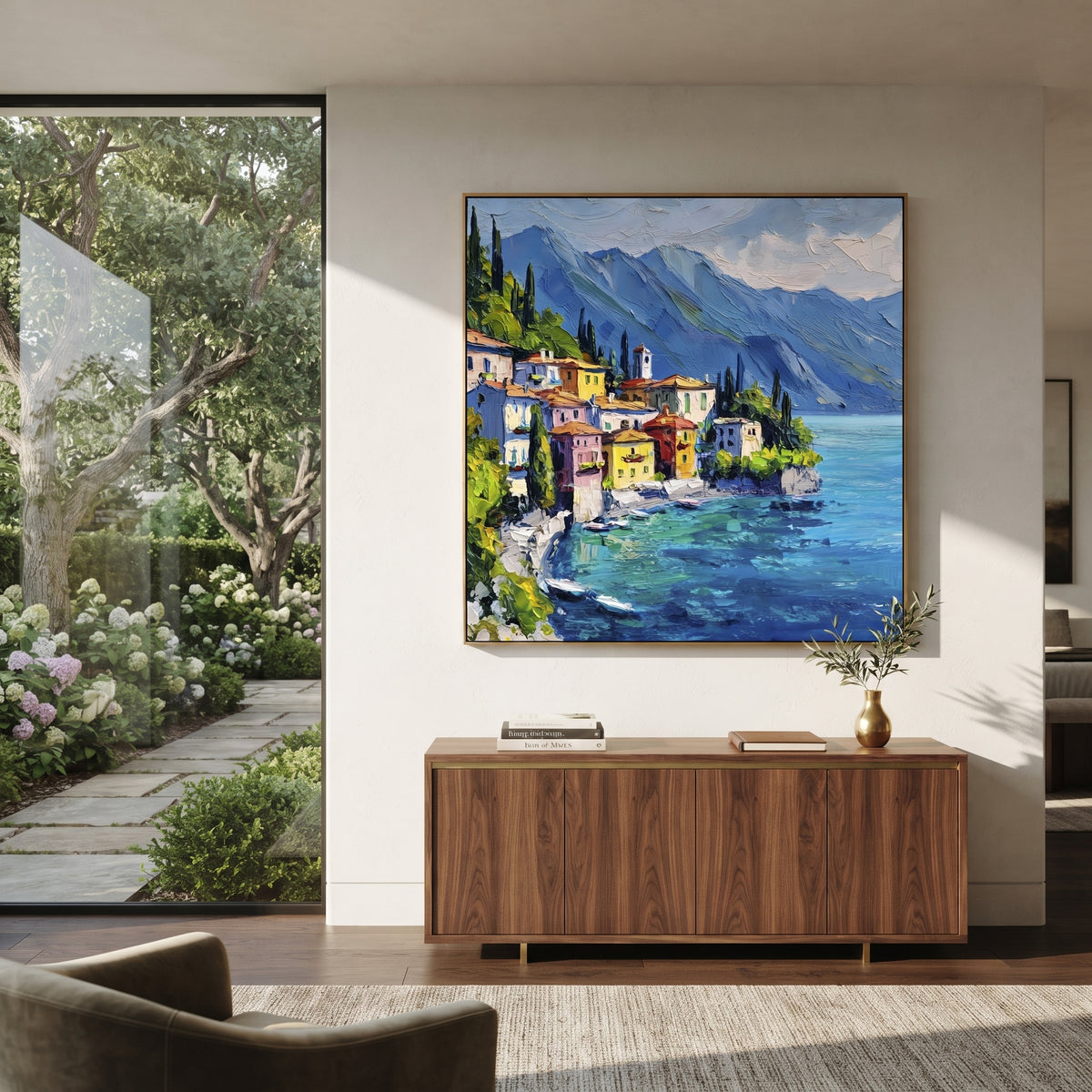 "Hillside Village Sea Painting" focuses on atmosphere, surface movement, and sculptural heavy impasto craftsmanship rather than a fixed literal storyline. The composition uses this hand-painted Mediterranean canvas features coastal mountains, small village rooftops, winding shore, blue bay and garden accents, built with raised palette-knife texture, layered brushwork, and luminous coastal color as the visual anchor, while layered palette-knife paint, raised plaster-like texture, and softened