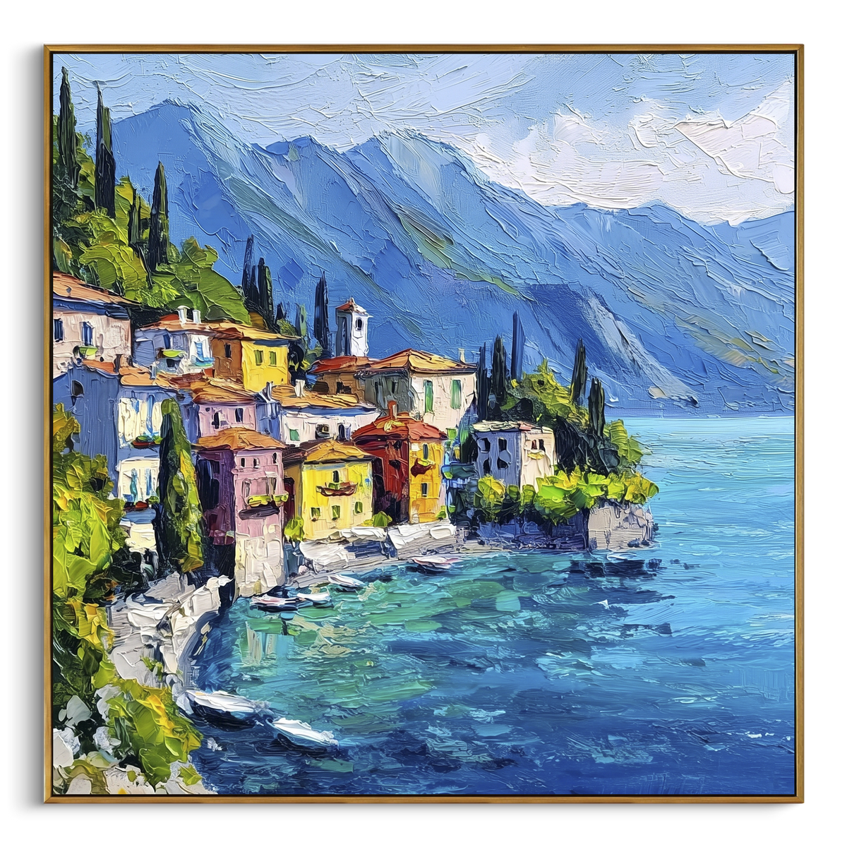 "Hillside Village Sea Painting" - Modern Heavy Impasto Coastal Landscape | Blue & Green Palette Knife Painting | Luxury Square Wall Art #PT 1620
