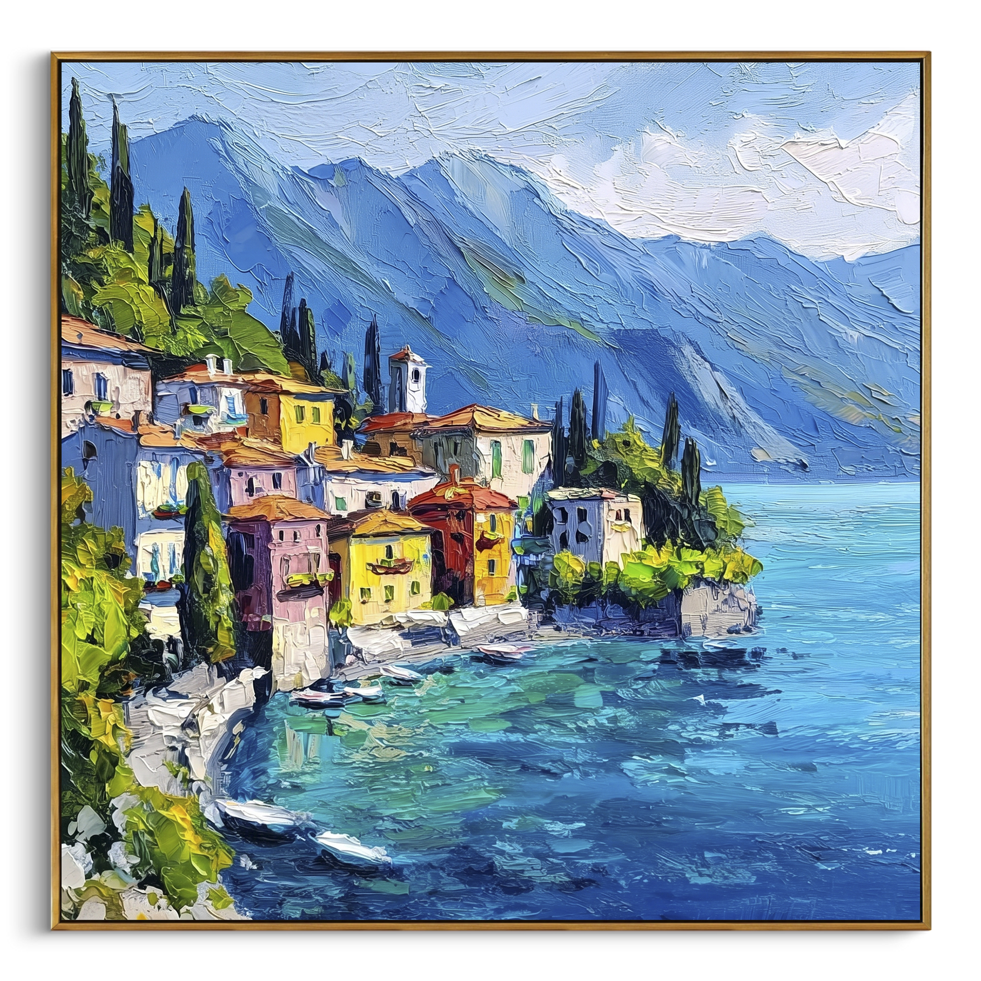 "Hillside Village Sea Painting" focuses on atmosphere, surface movement, and sculptural heavy impasto craftsmanship rather than a fixed literal storyline. The composition uses this hand-painted Mediterranean canvas features coastal mountains, small village rooftops, winding shore, blue bay and garden accents, built with raised palette-knife texture, layered brushwork, and luminous coastal color as the visual anchor, while layered palette-knife paint, raised plaster-like texture, and softened
