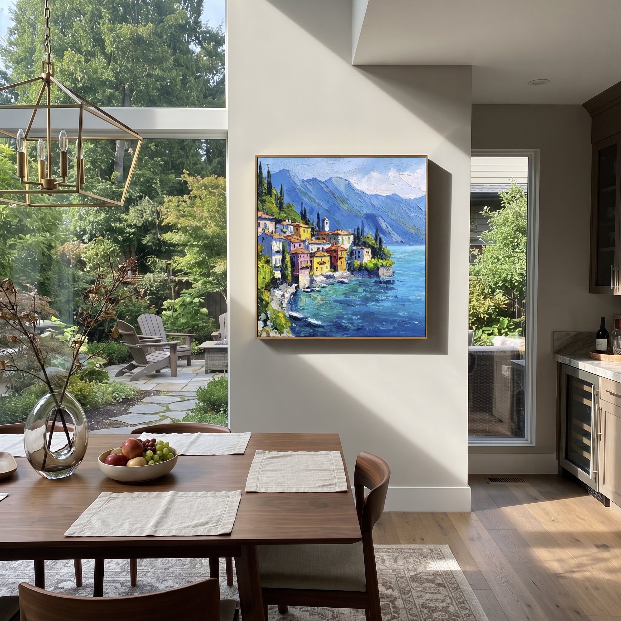 "Hillside Village Sea Painting" focuses on atmosphere, surface movement, and sculptural heavy impasto craftsmanship rather than a fixed literal storyline. The composition uses this hand-painted Mediterranean canvas features coastal mountains, small village rooftops, winding shore, blue bay and garden accents, built with raised palette-knife texture, layered brushwork, and luminous coastal color as the visual anchor, while layered palette-knife paint, raised plaster-like texture, and softened