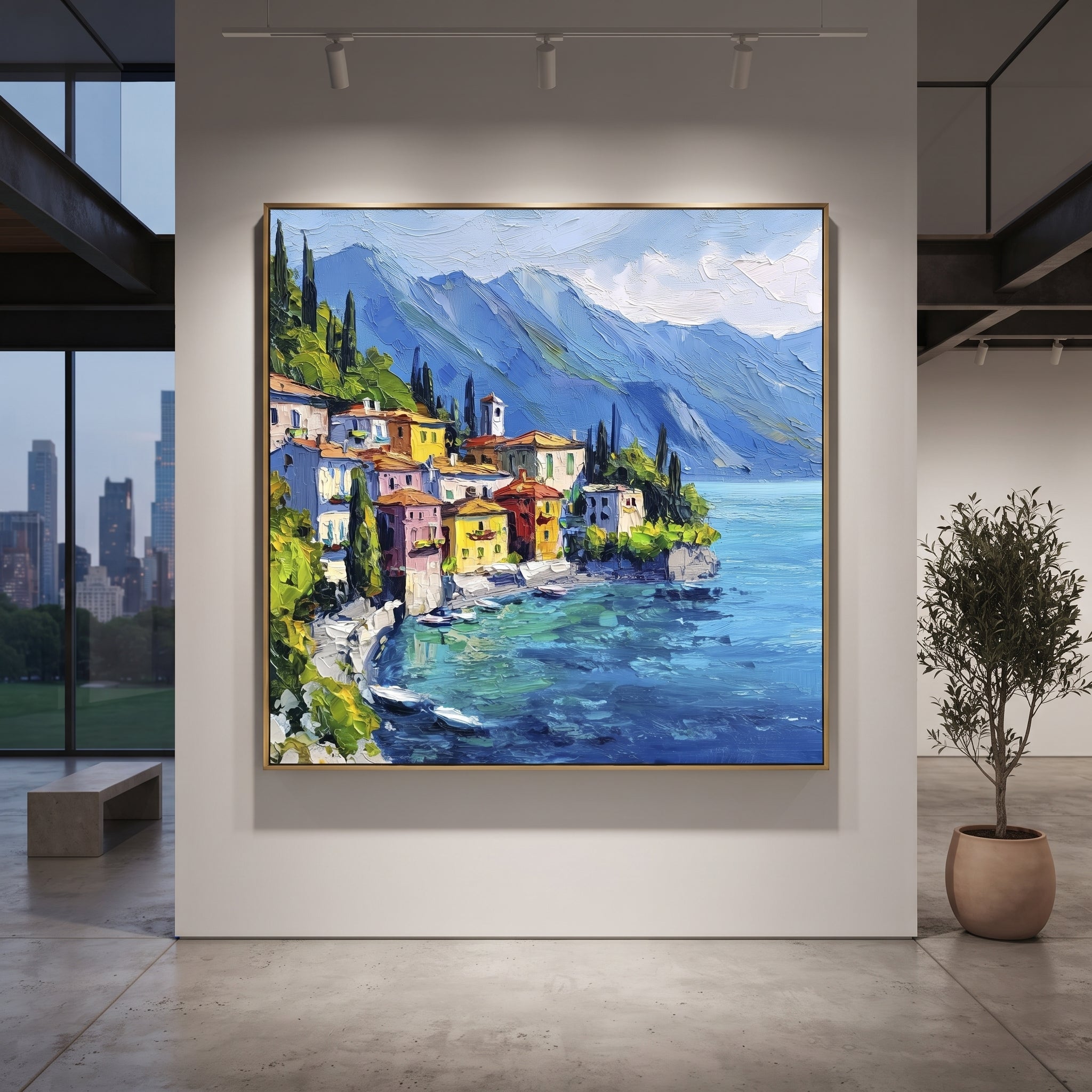 "Hillside Village Sea Painting" focuses on atmosphere, surface movement, and sculptural heavy impasto craftsmanship rather than a fixed literal storyline. The composition uses this hand-painted Mediterranean canvas features coastal mountains, small village rooftops, winding shore, blue bay and garden accents, built with raised palette-knife texture, layered brushwork, and luminous coastal color as the visual anchor, while layered palette-knife paint, raised plaster-like texture, and softened
