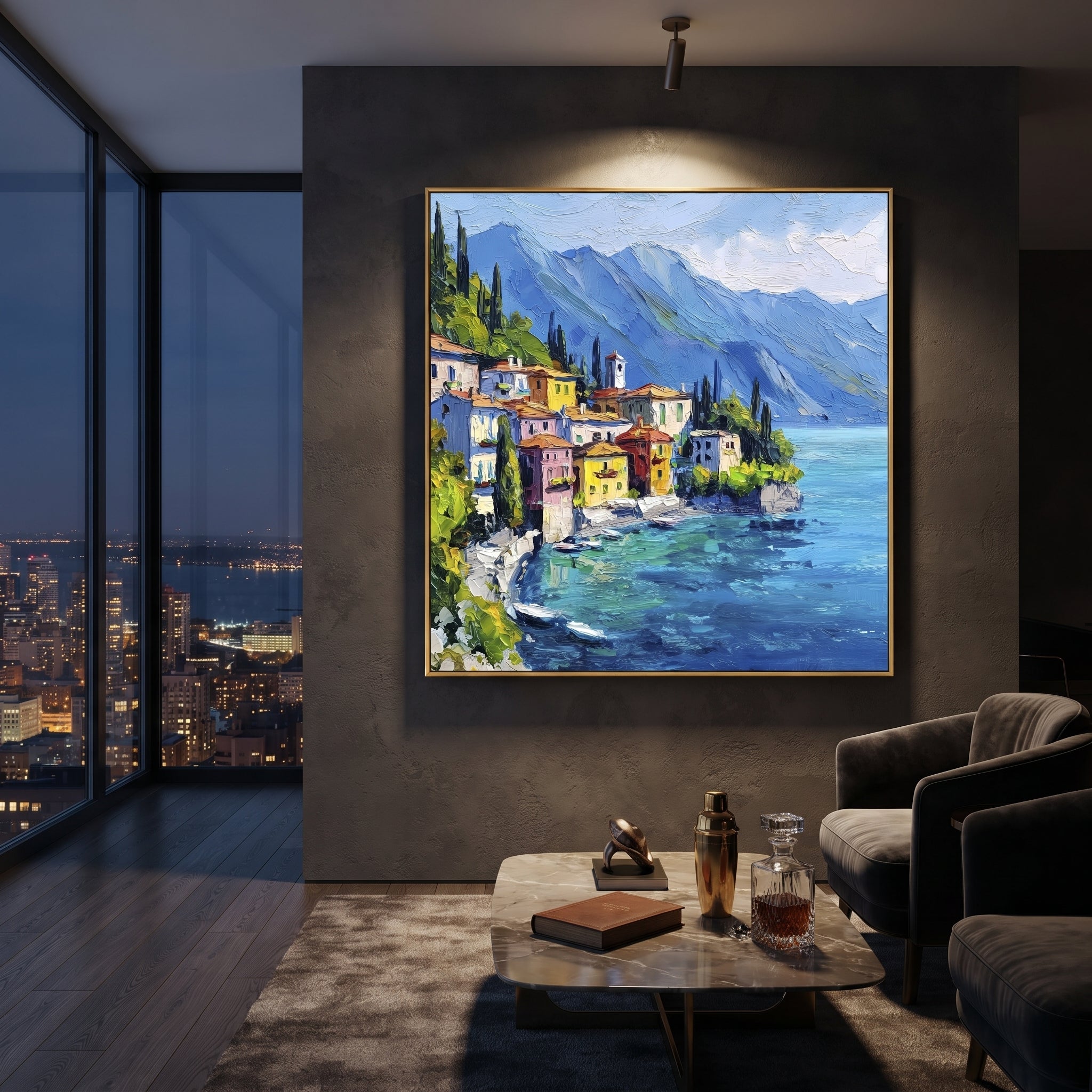 "Hillside Village Sea Painting" focuses on atmosphere, surface movement, and sculptural heavy impasto craftsmanship rather than a fixed literal storyline. The composition uses this hand-painted Mediterranean canvas features coastal mountains, small village rooftops, winding shore, blue bay and garden accents, built with raised palette-knife texture, layered brushwork, and luminous coastal color as the visual anchor, while layered palette-knife paint, raised plaster-like texture, and softened