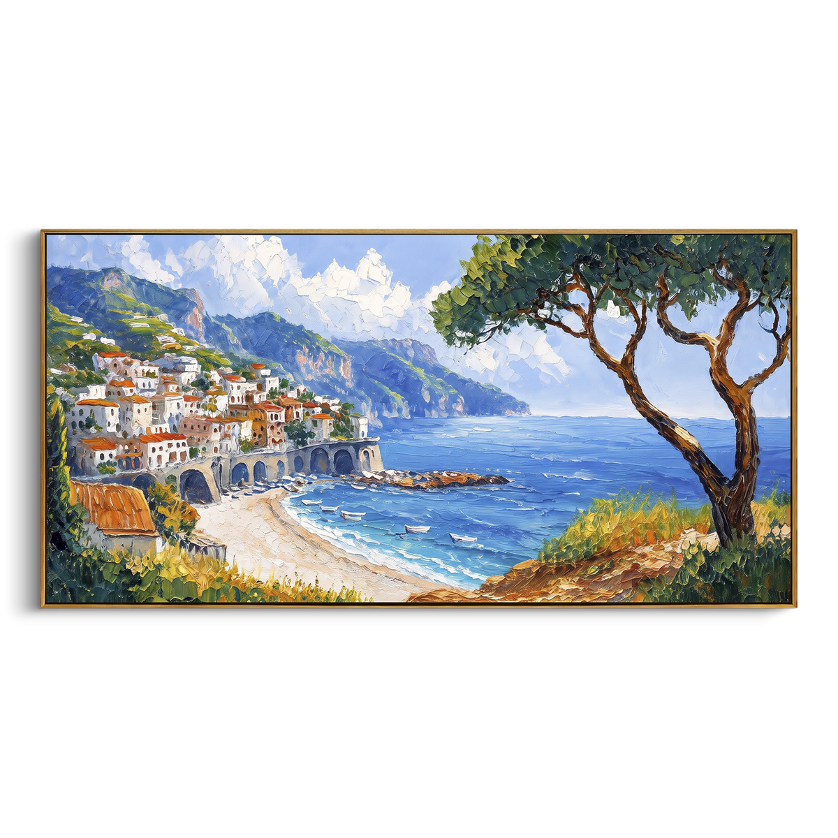 "Fishing Boats Reflections Study Painting" - Modern Heavy Impasto Coastal Landscape | Blue & Orange Palette Knife Painting | Luxury Horizontal Wall Art #PT 1621