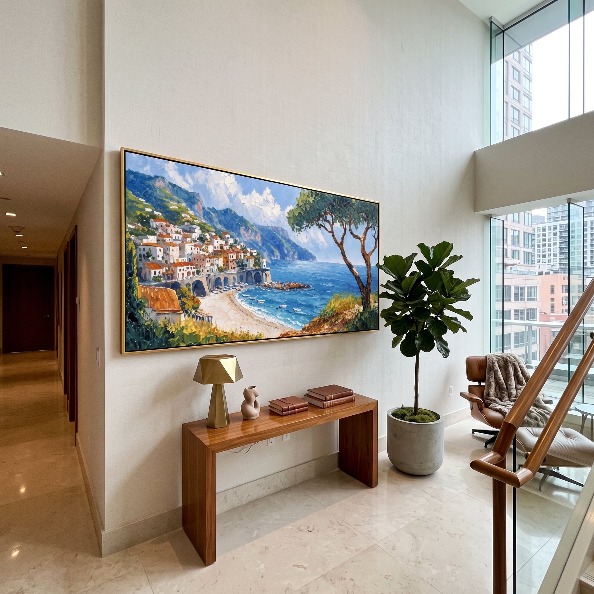 "Fishing Boats Reflections Study Painting" focuses on atmosphere, surface movement, and sculptural heavy impasto craftsmanship rather than a fixed literal storyline. The composition uses this hand-painted Mediterranean canvas features colorful waterfront houses, moored boats, shimmering blue harbor reflections, pastel sky, built with raised palette-knife texture, layered brushwork, and luminous coastal color as the visual anchor, while layered palette-knife paint, raised plaster-like texture