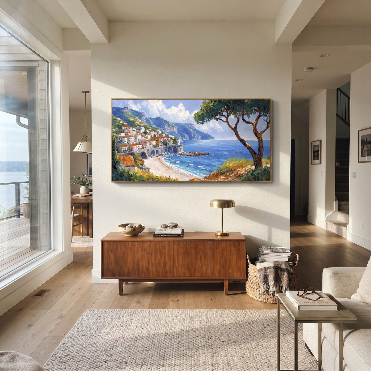 "Fishing Boats Reflections Study Painting" focuses on atmosphere, surface movement, and sculptural heavy impasto craftsmanship rather than a fixed literal storyline. The composition uses this hand-painted Mediterranean canvas features colorful waterfront houses, moored boats, shimmering blue harbor reflections, pastel sky, built with raised palette-knife texture, layered brushwork, and luminous coastal color as the visual anchor, while layered palette-knife paint, raised plaster-like texture