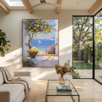 "Lemon Branch Seascape Painting" focuses on atmosphere, surface movement, and sculptural heavy impasto craftsmanship rather than a fixed literal storyline. The composition uses this hand-painted Mediterranean canvas features open blue shutters, lemon branches, calm sea view, bright white wall and terrace light, built with raised palette-knife texture, layered brushwork, and luminous coastal color as the visual anchor, while layered palette-knife paint, raised plaster-like texture, and softened
