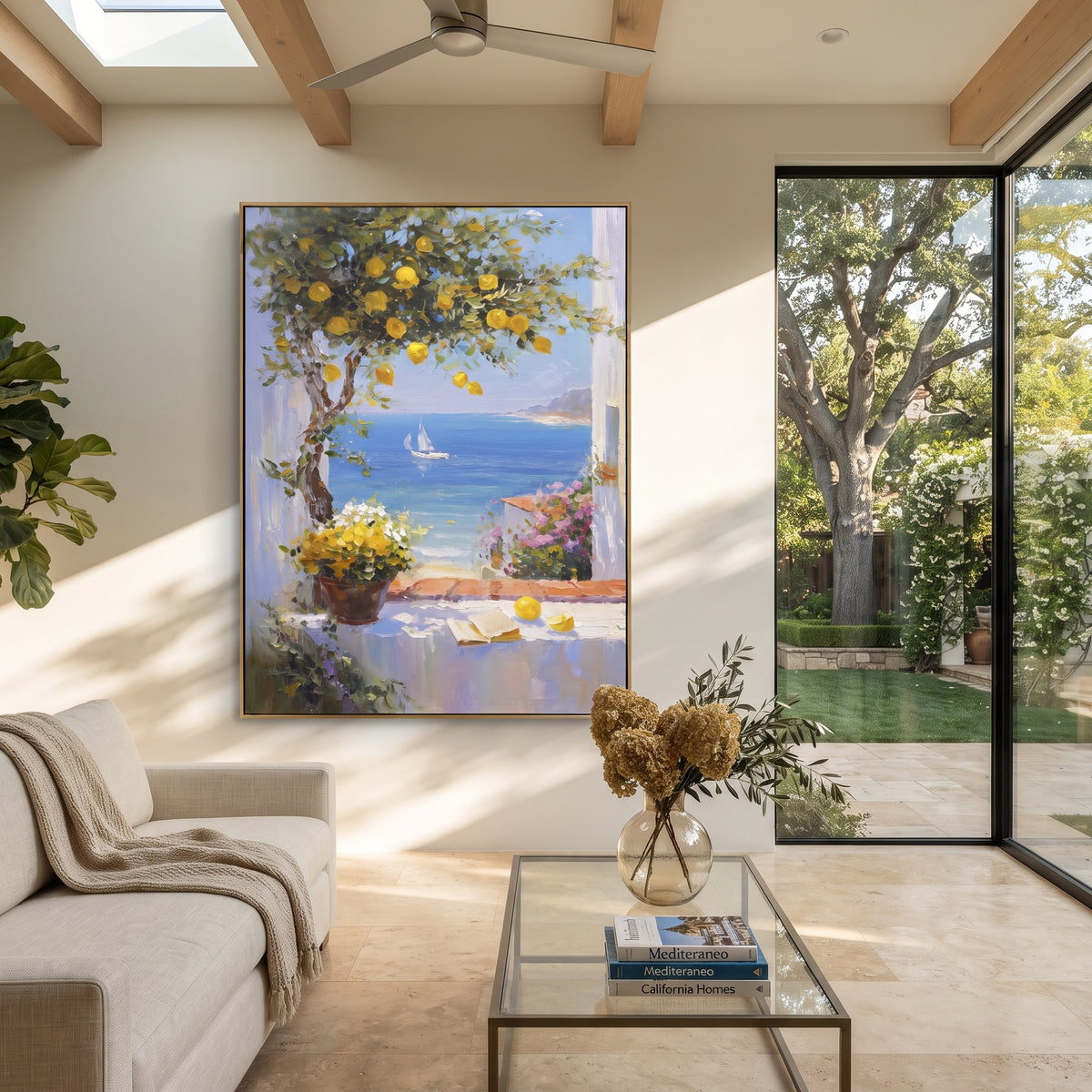 "Lemon Branch Seascape Painting" focuses on atmosphere, surface movement, and sculptural heavy impasto craftsmanship rather than a fixed literal storyline. The composition uses this hand-painted Mediterranean canvas features open blue shutters, lemon branches, calm sea view, bright white wall and terrace light, built with raised palette-knife texture, layered brushwork, and luminous coastal color as the visual anchor, while layered palette-knife paint, raised plaster-like texture, and softened