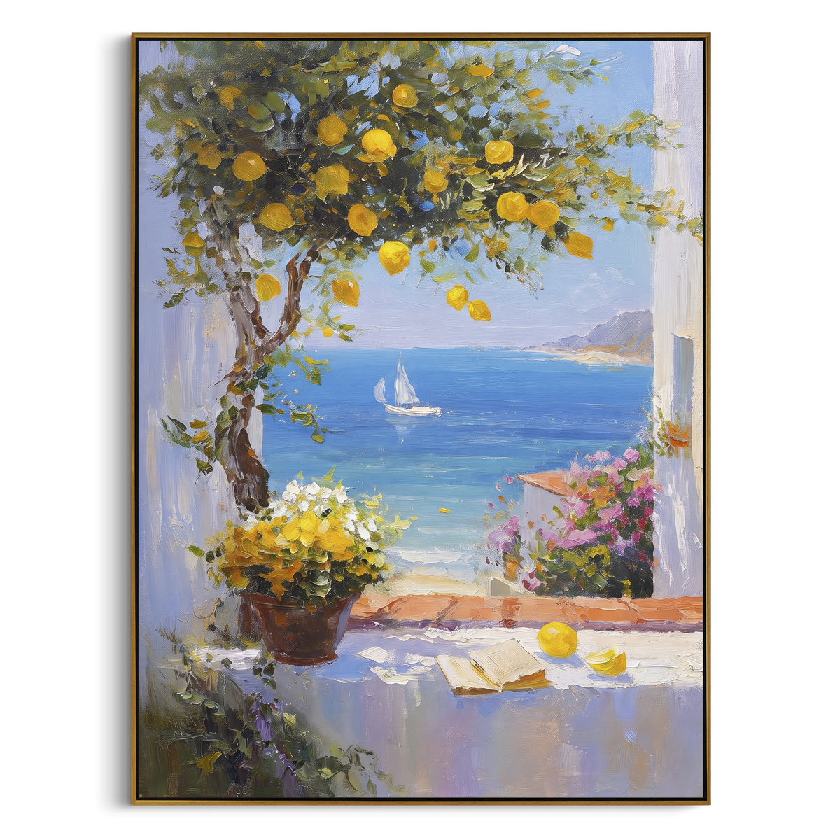 "Lemon Branch Seascape Painting" - Modern Heavy Impasto Coastal Landscape | Blue & Yellow Palette Knife Painting | Luxury Vertical Wall Art #PT 1622