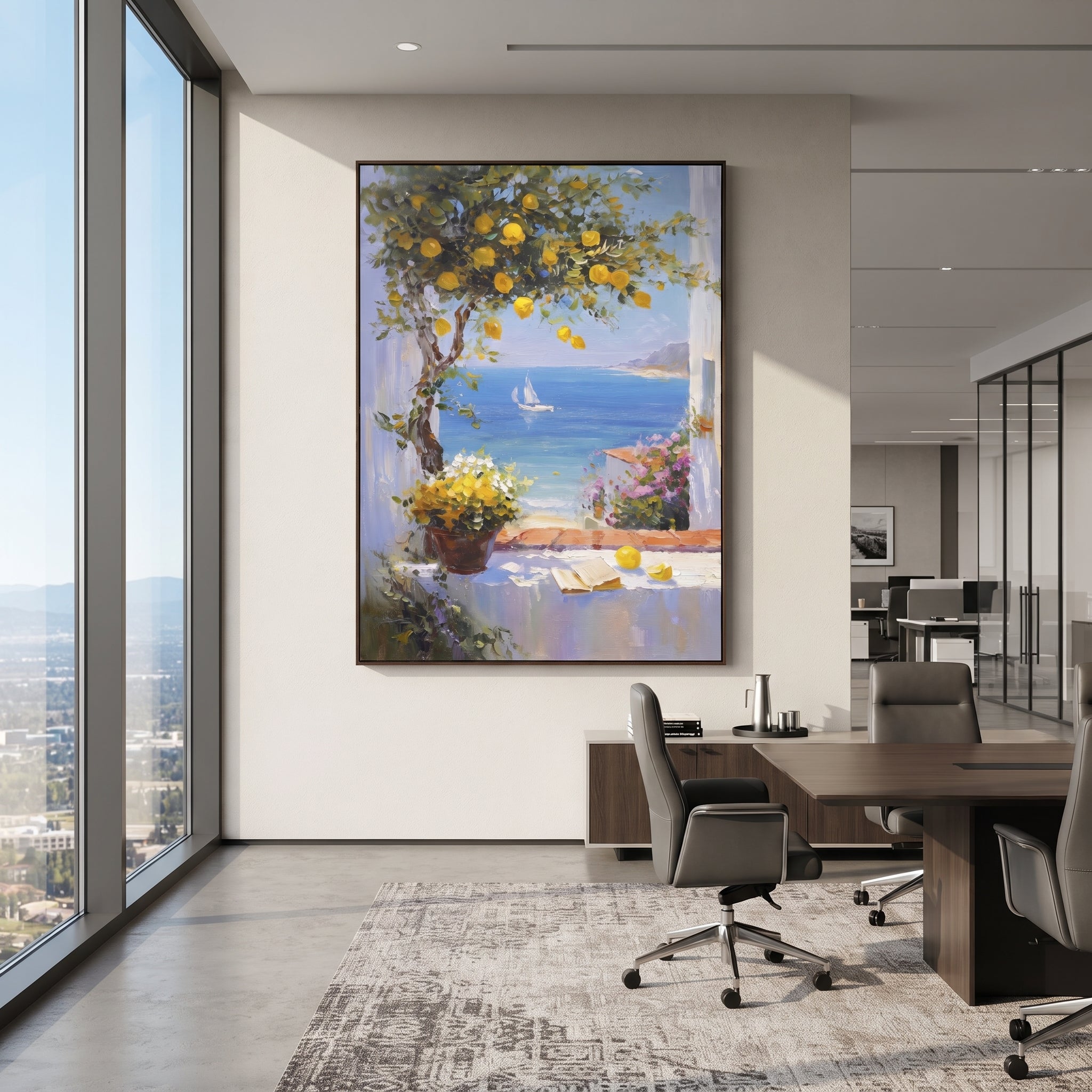 "Lemon Branch Seascape Painting" focuses on atmosphere, surface movement, and sculptural heavy impasto craftsmanship rather than a fixed literal storyline. The composition uses this hand-painted Mediterranean canvas features open blue shutters, lemon branches, calm sea view, bright white wall and terrace light, built with raised palette-knife texture, layered brushwork, and luminous coastal color as the visual anchor, while layered palette-knife paint, raised plaster-like texture, and softened