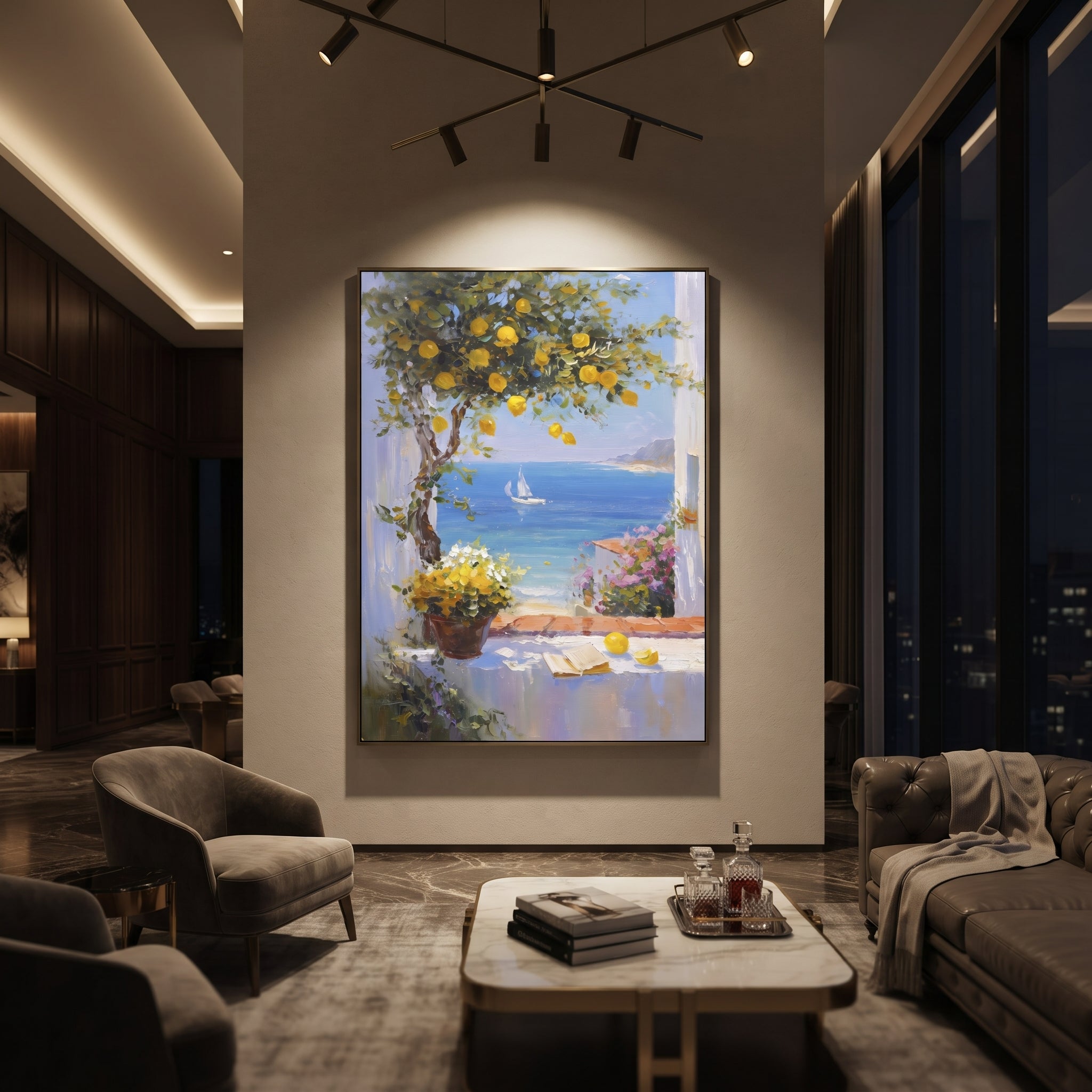 "Lemon Branch Seascape Painting" focuses on atmosphere, surface movement, and sculptural heavy impasto craftsmanship rather than a fixed literal storyline. The composition uses this hand-painted Mediterranean canvas features open blue shutters, lemon branches, calm sea view, bright white wall and terrace light, built with raised palette-knife texture, layered brushwork, and luminous coastal color as the visual anchor, while layered palette-knife paint, raised plaster-like texture, and softened
