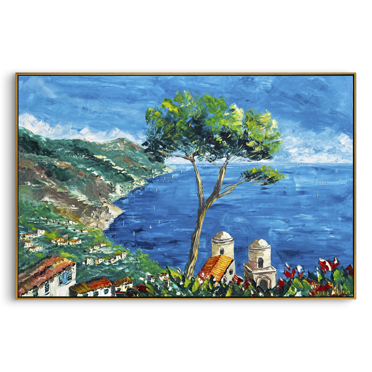 "Hillside Sea Coast Painting" focuses on atmosphere, surface movement, and sculptural heavy impasto craftsmanship rather than a fixed literal storyline. The composition uses this hand-painted Mediterranean canvas features steep coastal cliffs, hillside village, deep blue water, floral foreground, textured sky, built with raised palette-knife texture, layered brushwork, and luminous coastal color as the visual anchor, while layered palette-knife paint, raised plaster-like texture, and softened