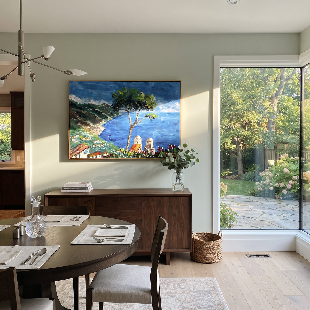 "Hillside Sea Coast Painting" focuses on atmosphere, surface movement, and sculptural heavy impasto craftsmanship rather than a fixed literal storyline. The composition uses this hand-painted Mediterranean canvas features steep coastal cliffs, hillside village, deep blue water, floral foreground, textured sky, built with raised palette-knife texture, layered brushwork, and luminous coastal color as the visual anchor, while layered palette-knife paint, raised plaster-like texture, and softened