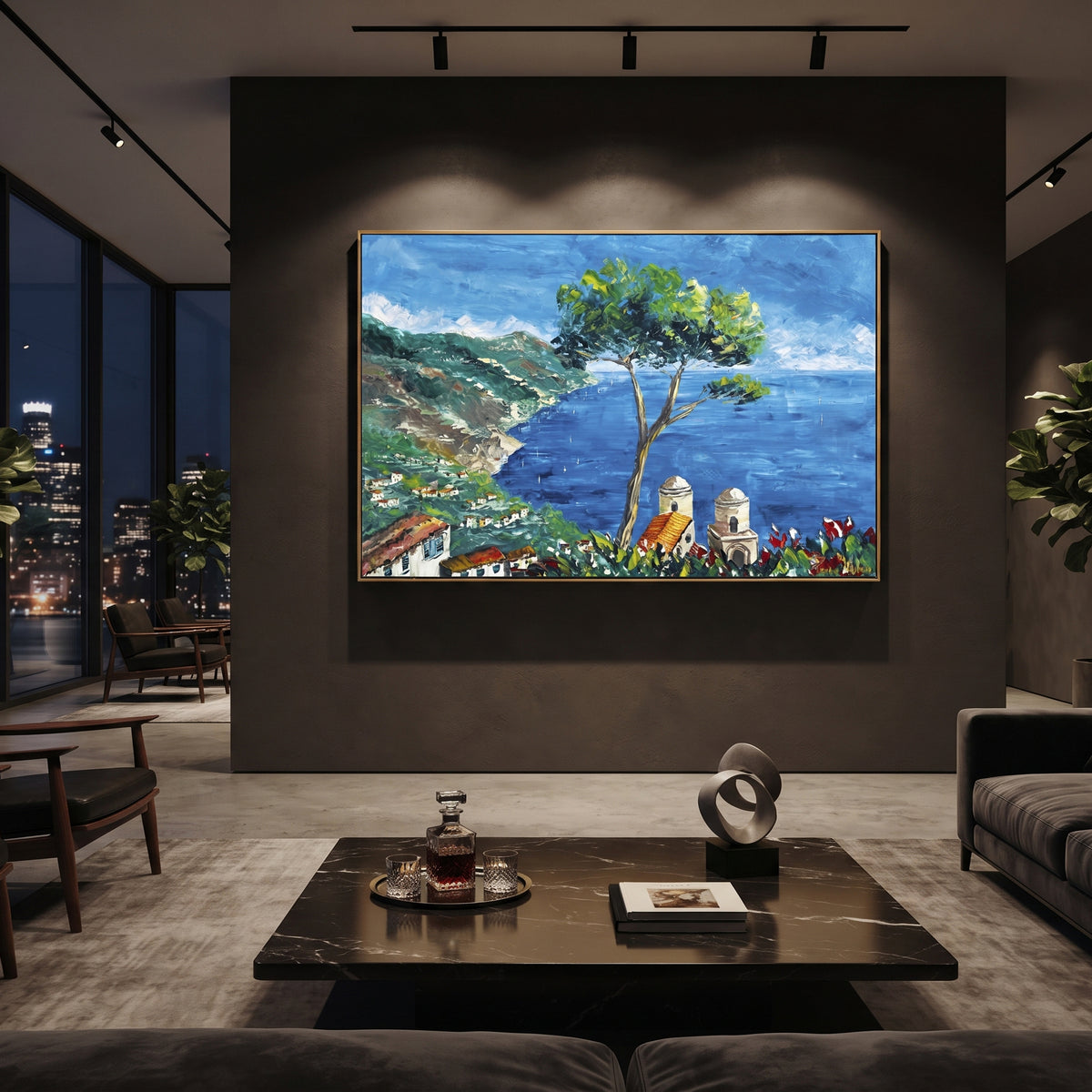 "Hillside Sea Coast Painting" focuses on atmosphere, surface movement, and sculptural heavy impasto craftsmanship rather than a fixed literal storyline. The composition uses this hand-painted Mediterranean canvas features steep coastal cliffs, hillside village, deep blue water, floral foreground, textured sky, built with raised palette-knife texture, layered brushwork, and luminous coastal color as the visual anchor, while layered palette-knife paint, raised plaster-like texture, and softened