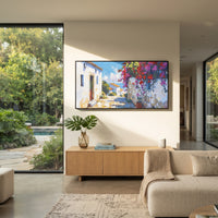 "Blue Harbor Town Study Painting" focuses on atmosphere, surface movement, and sculptural heavy impasto craftsmanship rather than a fixed literal storyline. The composition uses this hand-painted Mediterranean canvas features colorful waterfront houses, moored boats, shimmering blue harbor reflections, pastel sky, built with raised palette-knife texture, layered brushwork, and luminous coastal color as the visual anchor, while layered palette-knife paint, raised plaster-like texture, and