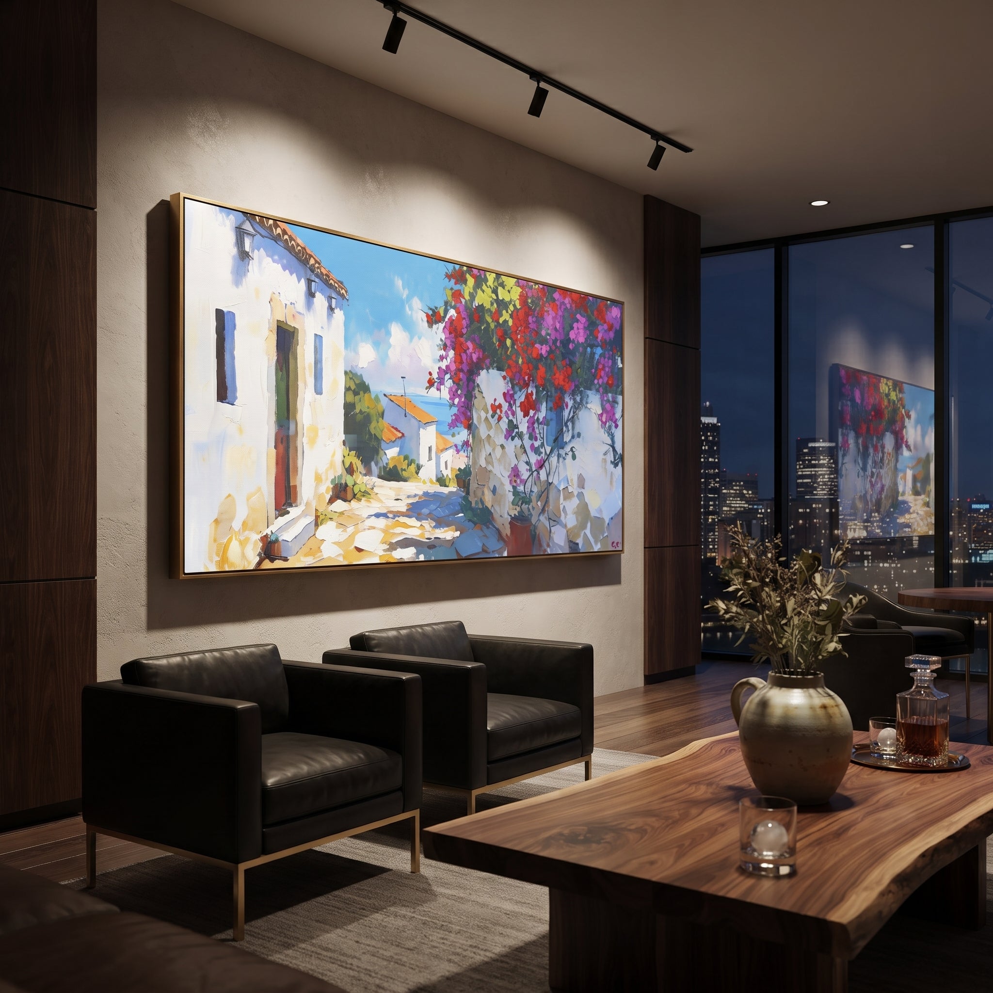 "Blue Harbor Town Study Painting" focuses on atmosphere, surface movement, and sculptural heavy impasto craftsmanship rather than a fixed literal storyline. The composition uses this hand-painted Mediterranean canvas features colorful waterfront houses, moored boats, shimmering blue harbor reflections, pastel sky, built with raised palette-knife texture, layered brushwork, and luminous coastal color as the visual anchor, while layered palette-knife paint, raised plaster-like texture, and