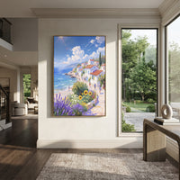 "Blue Bay Flower Garden Study Painting" focuses on atmosphere, surface movement, and sculptural heavy impasto craftsmanship rather than a fixed literal storyline. The composition uses this hand-painted Mediterranean canvas features sailboats on a blue bay, flowering terrace, coastal town and luminous summer sky, built with raised palette-knife texture, layered brushwork, and luminous coastal color as the visual anchor, while layered palette-knife paint, raised plaster-like texture, and softened