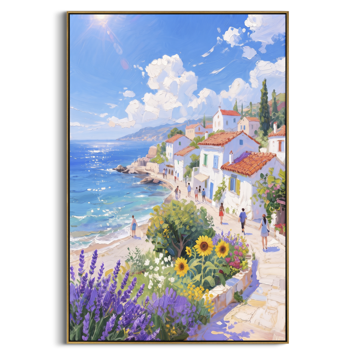 "Blue Bay Flower Garden Study Painting" - Modern Heavy Impasto Coastal Landscape | Blue & Pink Palette Knife Painting | Luxury Vertical Wall Art #PT 1625