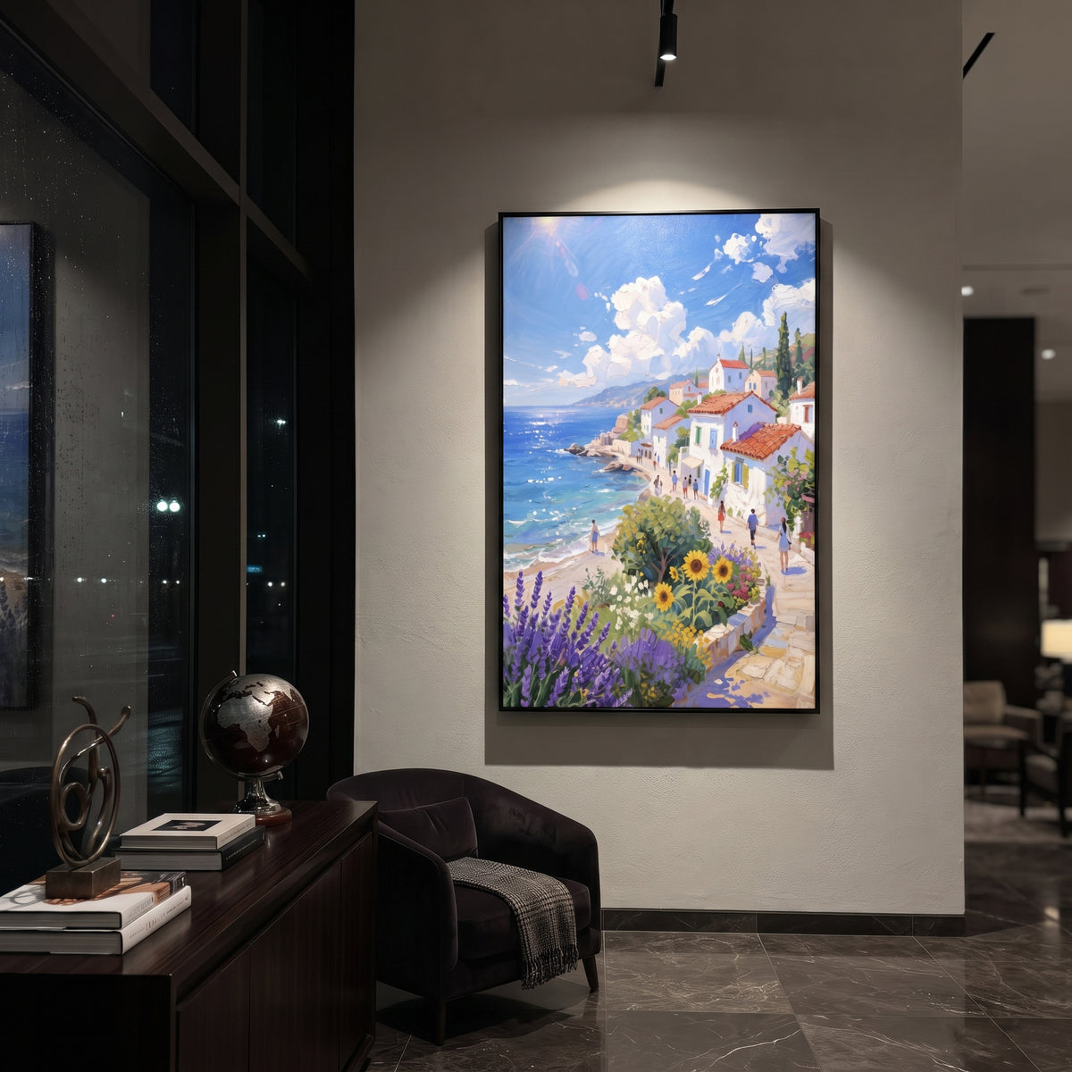 "Blue Bay Flower Garden Study Painting" focuses on atmosphere, surface movement, and sculptural heavy impasto craftsmanship rather than a fixed literal storyline. The composition uses this hand-painted Mediterranean canvas features sailboats on a blue bay, flowering terrace, coastal town and luminous summer sky, built with raised palette-knife texture, layered brushwork, and luminous coastal color as the visual anchor, while layered palette-knife paint, raised plaster-like texture, and softened