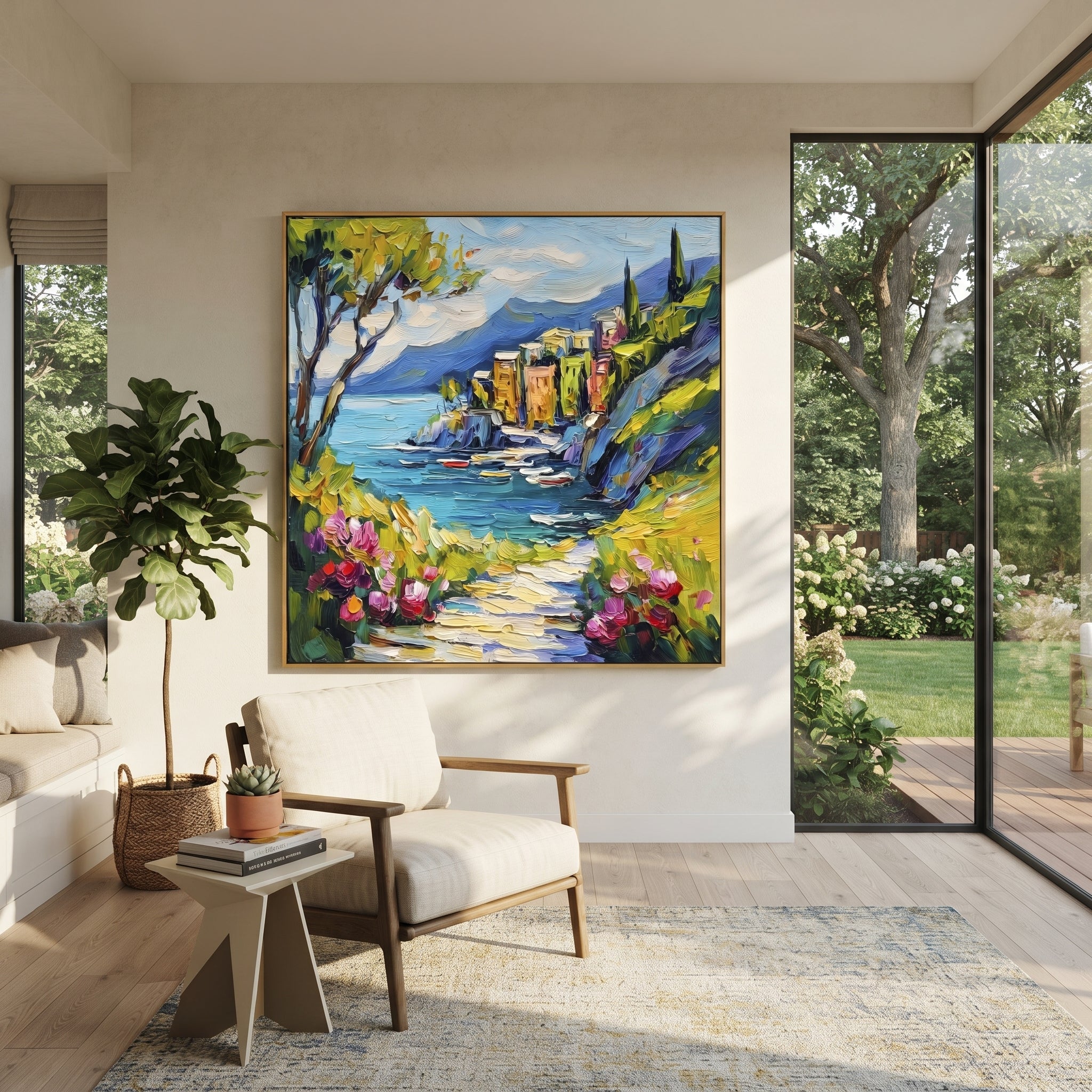 "Olive Tree Coastal Path Painting" focuses on atmosphere, surface movement, and sculptural heavy impasto craftsmanship rather than a fixed literal storyline. The composition uses this hand-painted Mediterranean canvas features olive or cypress trees framing a stone path, blue sea beyond, garden color and sun, built with raised palette-knife texture, layered brushwork, and luminous coastal color as the visual anchor, while layered palette-knife paint, raised plaster-like texture, and softened