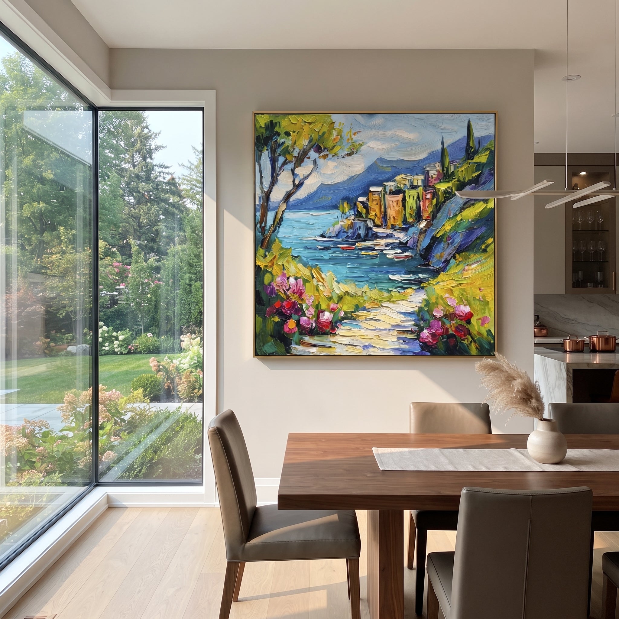 "Olive Tree Coastal Path Painting" focuses on atmosphere, surface movement, and sculptural heavy impasto craftsmanship rather than a fixed literal storyline. The composition uses this hand-painted Mediterranean canvas features olive or cypress trees framing a stone path, blue sea beyond, garden color and sun, built with raised palette-knife texture, layered brushwork, and luminous coastal color as the visual anchor, while layered palette-knife paint, raised plaster-like texture, and softened
