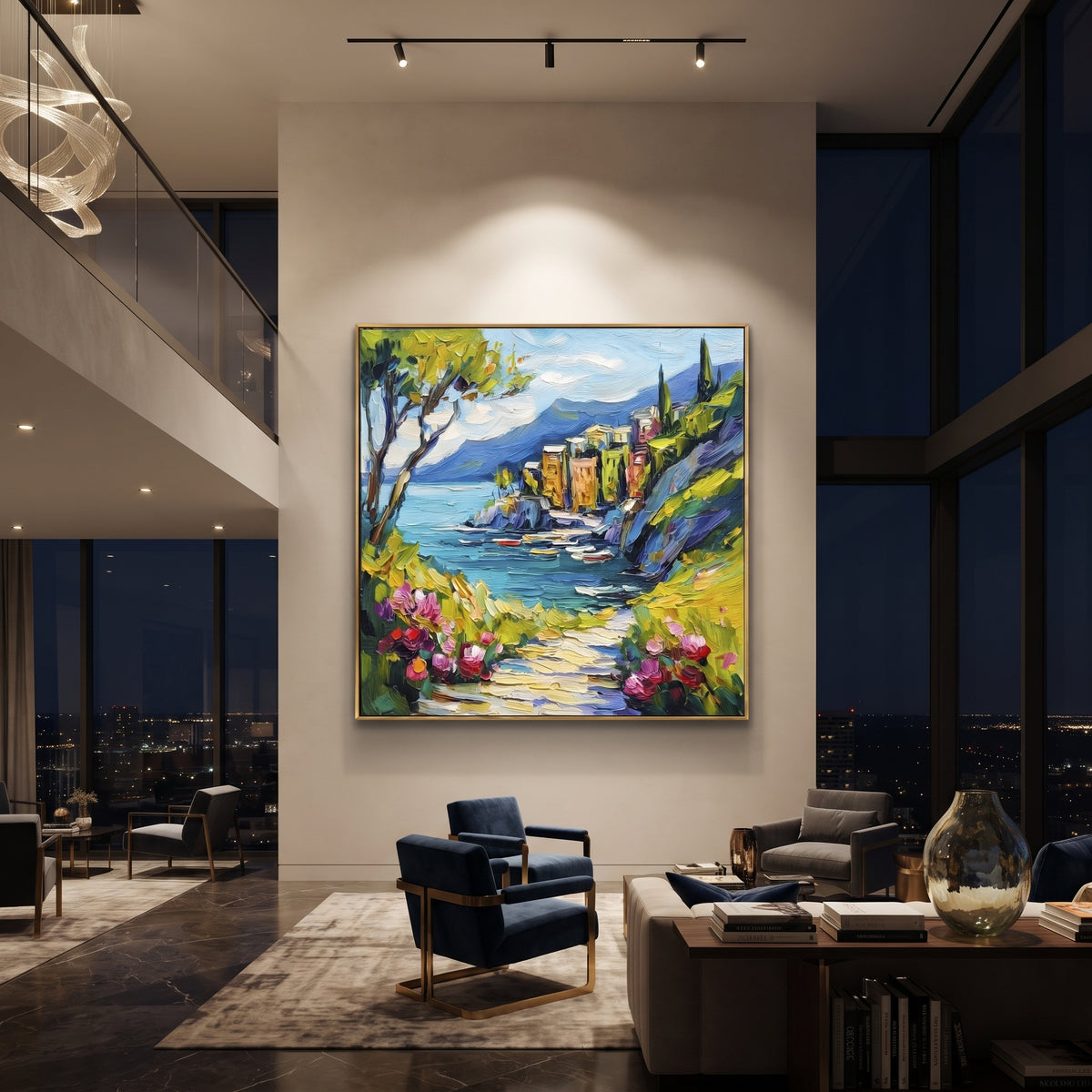 "Olive Tree Coastal Path Painting" focuses on atmosphere, surface movement, and sculptural heavy impasto craftsmanship rather than a fixed literal storyline. The composition uses this hand-painted Mediterranean canvas features olive or cypress trees framing a stone path, blue sea beyond, garden color and sun, built with raised palette-knife texture, layered brushwork, and luminous coastal color as the visual anchor, while layered palette-knife paint, raised plaster-like texture, and softened