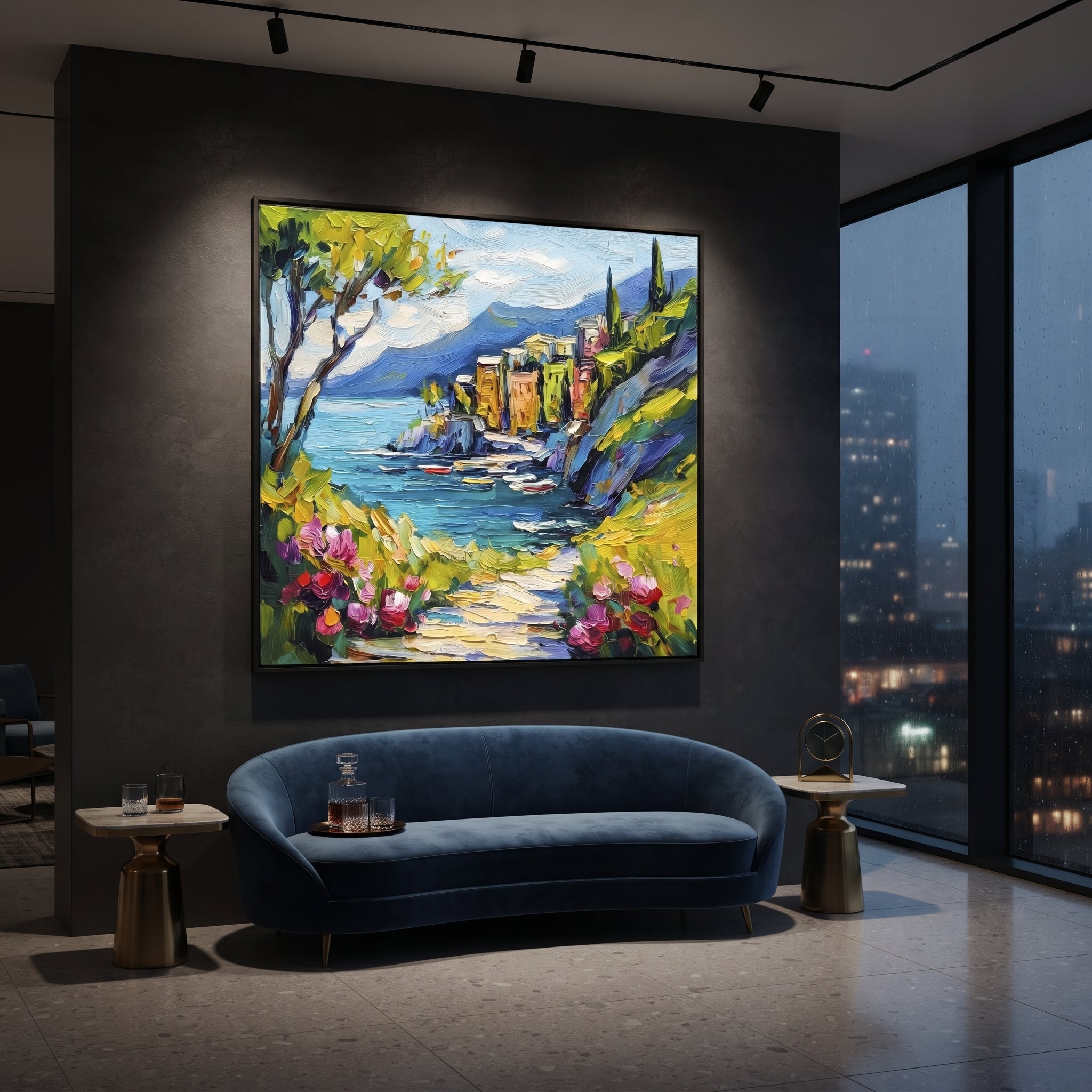 "Olive Tree Coastal Path Painting" focuses on atmosphere, surface movement, and sculptural heavy impasto craftsmanship rather than a fixed literal storyline. The composition uses this hand-painted Mediterranean canvas features olive or cypress trees framing a stone path, blue sea beyond, garden color and sun, built with raised palette-knife texture, layered brushwork, and luminous coastal color as the visual anchor, while layered palette-knife paint, raised plaster-like texture, and softened