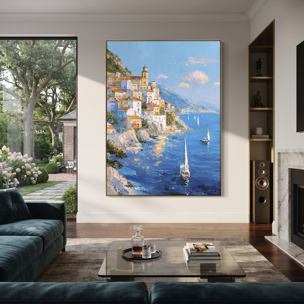 "Rocky Coast Village Painting" focuses on atmosphere, surface movement, and sculptural heavy impasto craftsmanship rather than a fixed literal storyline. The composition uses this hand-painted Mediterranean canvas features steep coastal cliffs, hillside village, deep blue water, floral foreground, textured sky, built with raised palette-knife texture, layered brushwork, and luminous coastal color as the visual anchor, while layered palette-knife paint, raised plaster-like texture, and softened