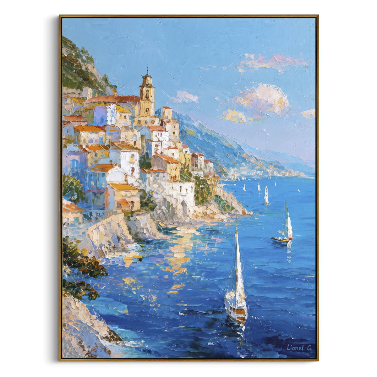 "Rocky Coast Village Painting" - Modern Heavy Impasto Coastal Landscape | Blue & Green Palette Knife Painting | Luxury Vertical Wall Art #PT 1627