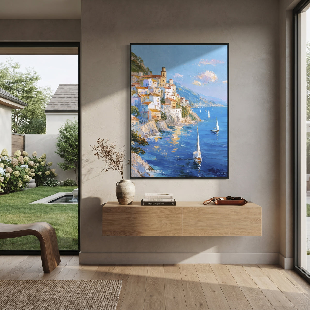 "Rocky Coast Village Painting" focuses on atmosphere, surface movement, and sculptural heavy impasto craftsmanship rather than a fixed literal storyline. The composition uses this hand-painted Mediterranean canvas features steep coastal cliffs, hillside village, deep blue water, floral foreground, textured sky, built with raised palette-knife texture, layered brushwork, and luminous coastal color as the visual anchor, while layered palette-knife paint, raised plaster-like texture, and softened