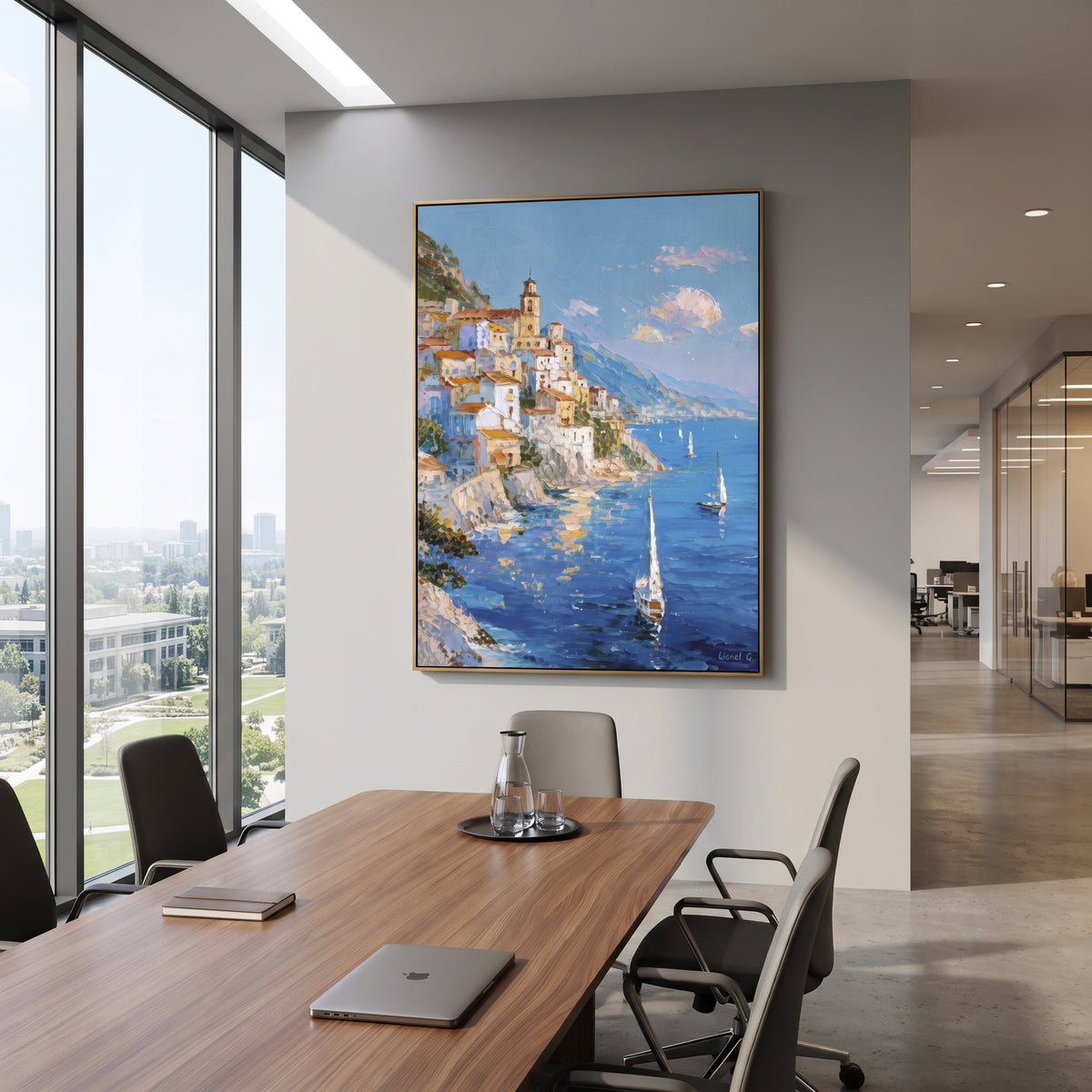 "Rocky Coast Village Painting" focuses on atmosphere, surface movement, and sculptural heavy impasto craftsmanship rather than a fixed literal storyline. The composition uses this hand-painted Mediterranean canvas features steep coastal cliffs, hillside village, deep blue water, floral foreground, textured sky, built with raised palette-knife texture, layered brushwork, and luminous coastal color as the visual anchor, while layered palette-knife paint, raised plaster-like texture, and softened