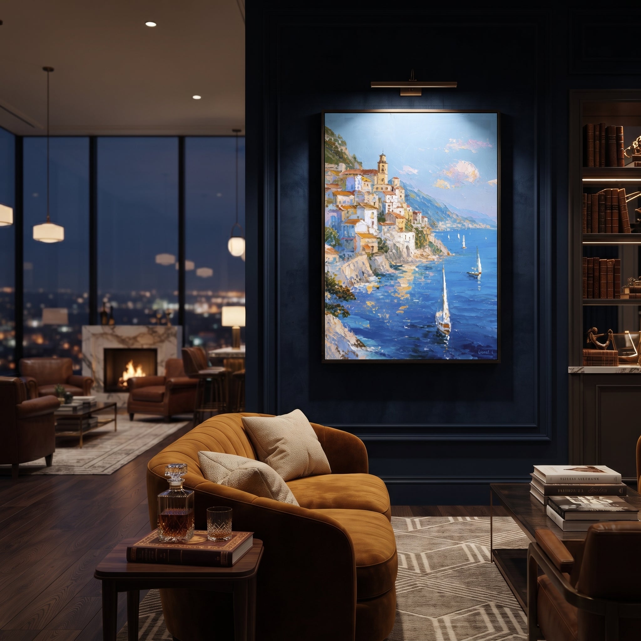 "Rocky Coast Village Painting" focuses on atmosphere, surface movement, and sculptural heavy impasto craftsmanship rather than a fixed literal storyline. The composition uses this hand-painted Mediterranean canvas features steep coastal cliffs, hillside village, deep blue water, floral foreground, textured sky, built with raised palette-knife texture, layered brushwork, and luminous coastal color as the visual anchor, while layered palette-knife paint, raised plaster-like texture, and softened