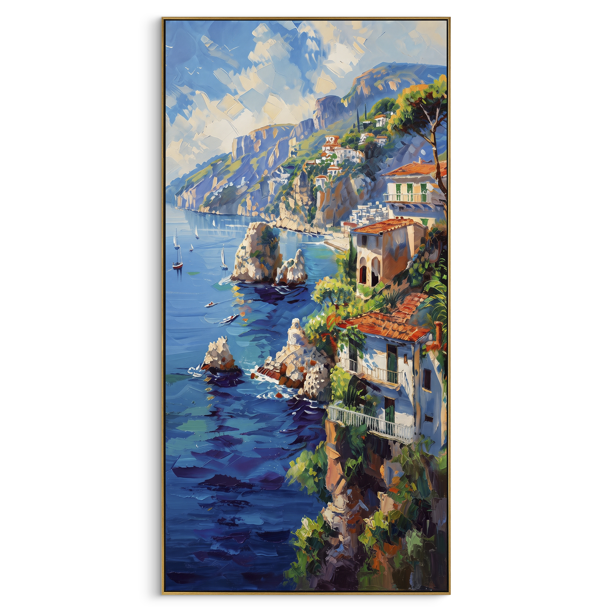 "Cliffside Sea Village Study Painting" focuses on atmosphere, surface movement, and sculptural heavy impasto craftsmanship rather than a fixed literal storyline. The composition uses this hand-painted Mediterranean canvas features steep coastal cliffs, hillside village, deep blue water, floral foreground, textured sky, built with raised palette-knife texture, layered brushwork, and luminous coastal color as the visual anchor, while layered palette-knife paint, raised plaster-like texture, and